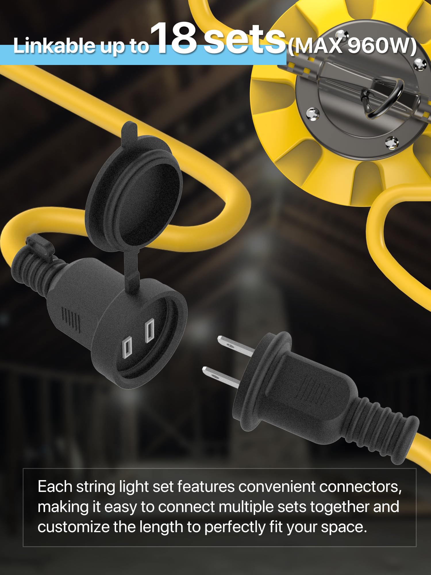 Hyperlite Construction String Lights: 50Ft 5 Bulbs Work Lights With Climbing Hooks - Ip65 Waterproof Linkable Led Industrial Tem