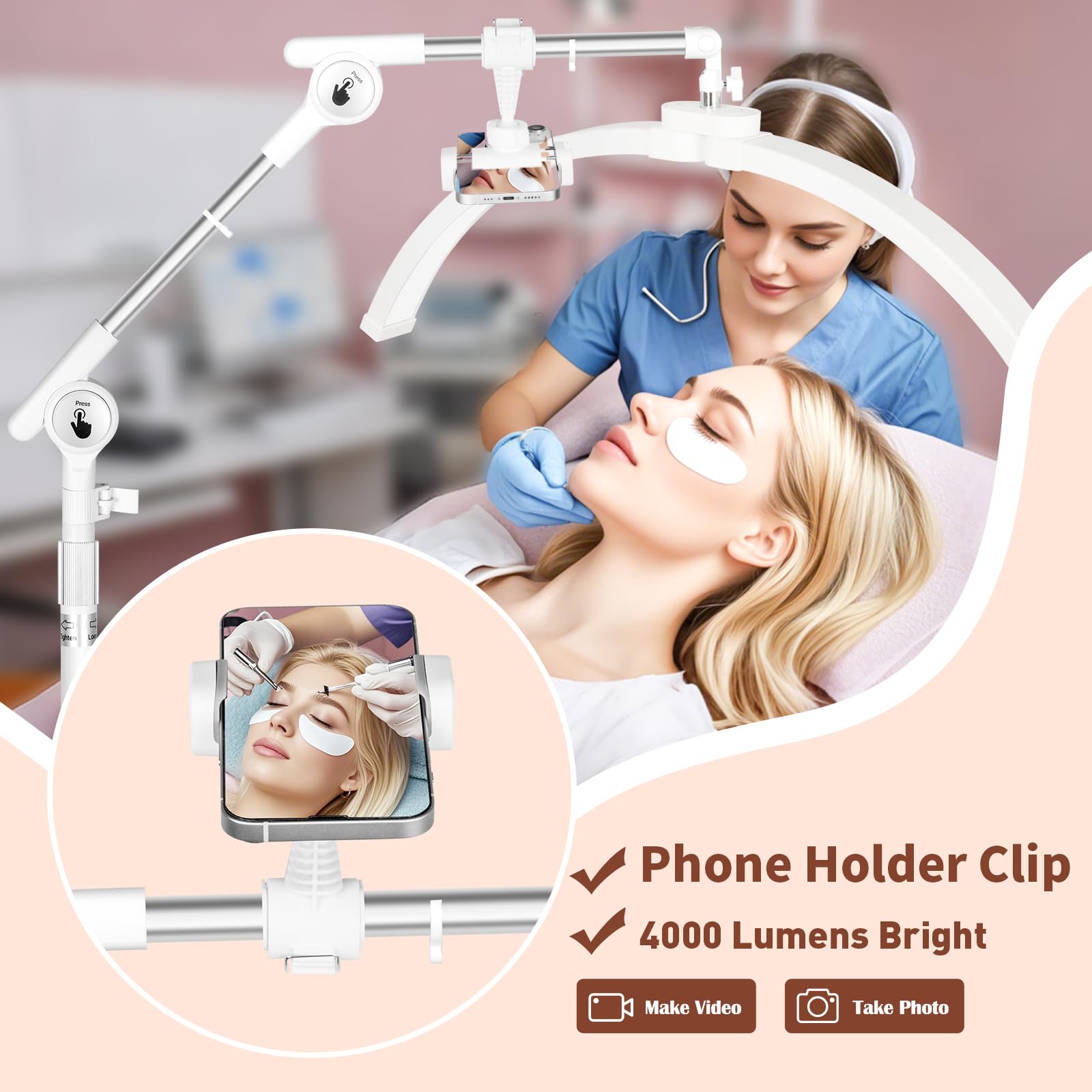 Hitti Lash Light For Eyelash Tech, 2025 New Upgrad Led Half Moon Light Lash Lamp With 4 Wheel Rolling Base, Esthetician Light Ta