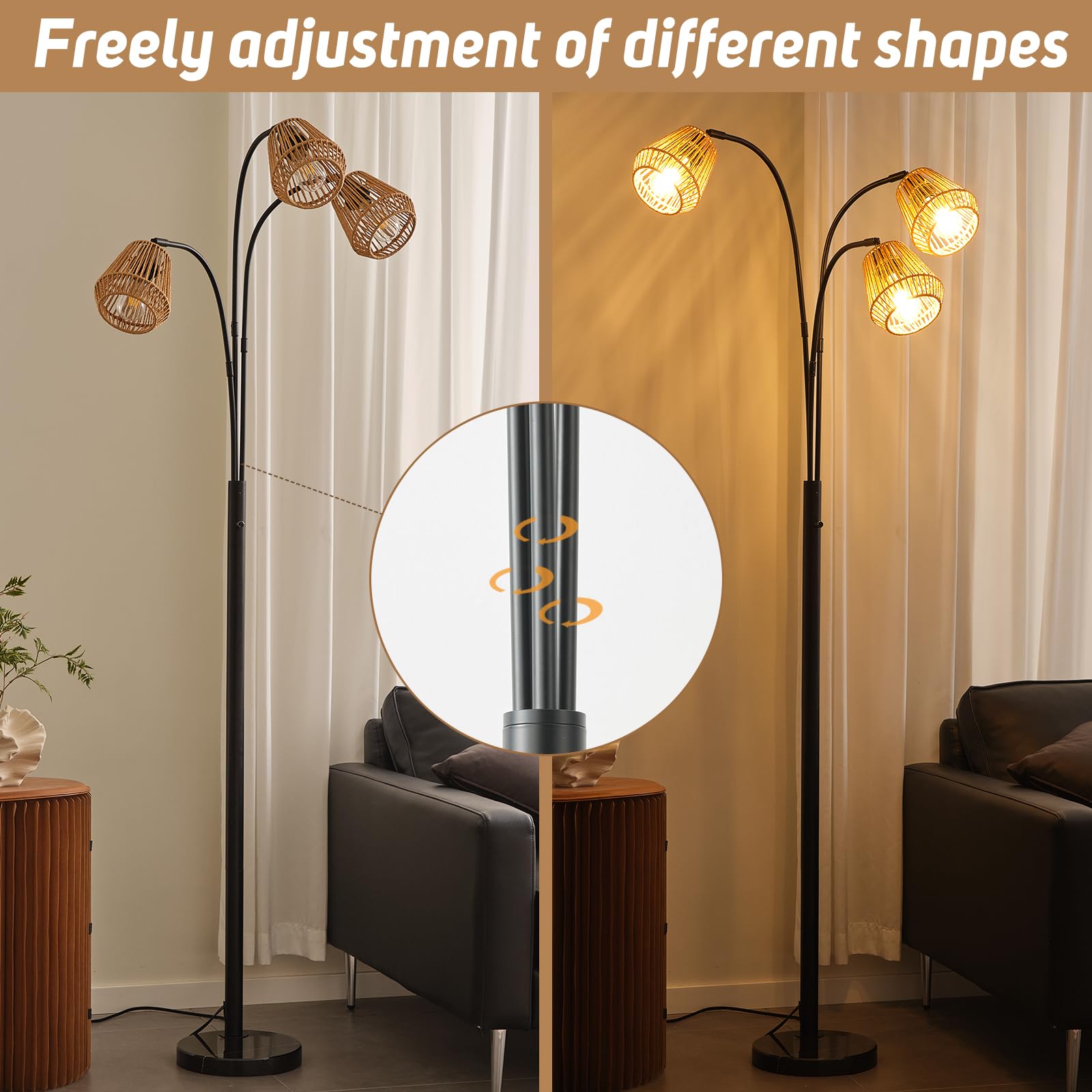 GHCKER Rattan Floor Lamp - 72" Tall Boho Arc Lamp with Wicker Shade, Black, Model BQ002 for Living Room, Coastal & Rustic Decor