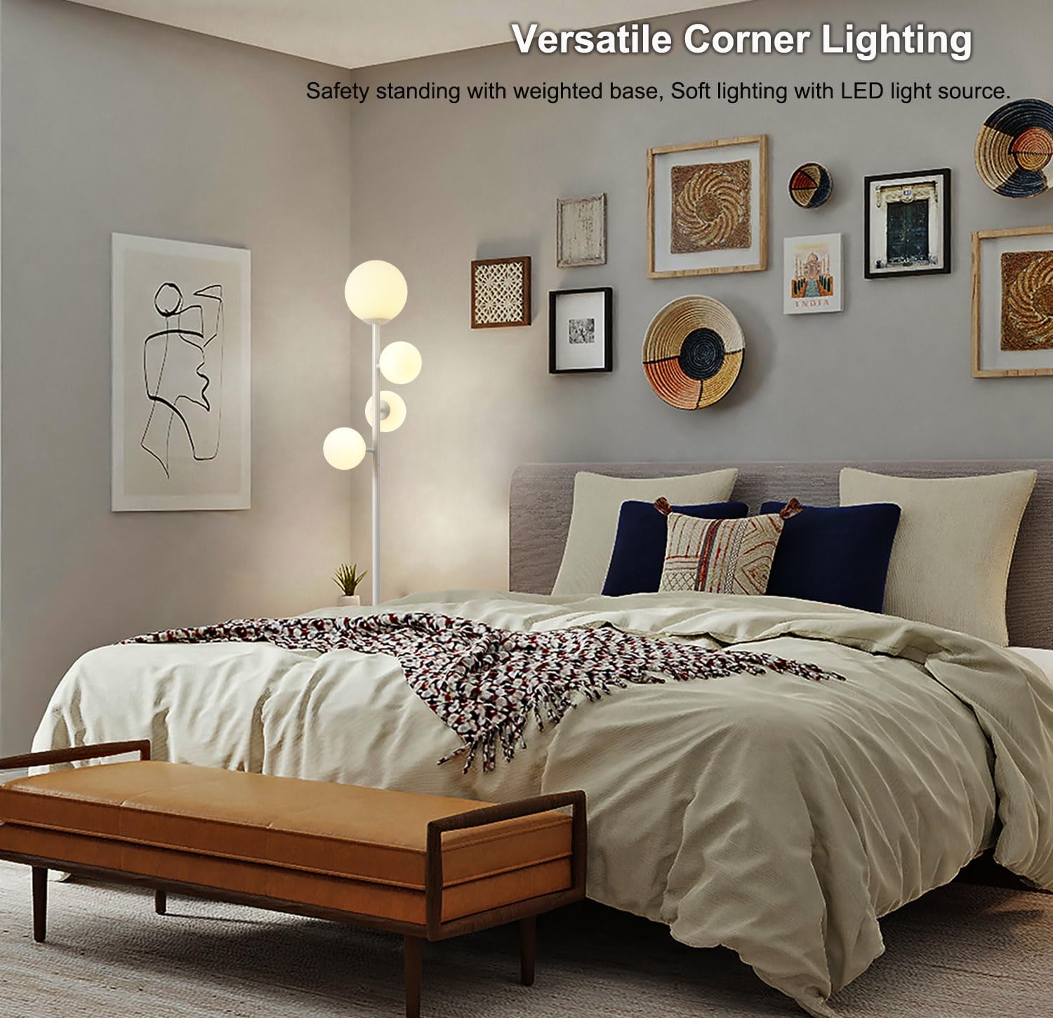 Fiqevs 4 Globe Floor Lamp - Modern White Standing Lamp With Frosted Glass Shade & Led Bulbs