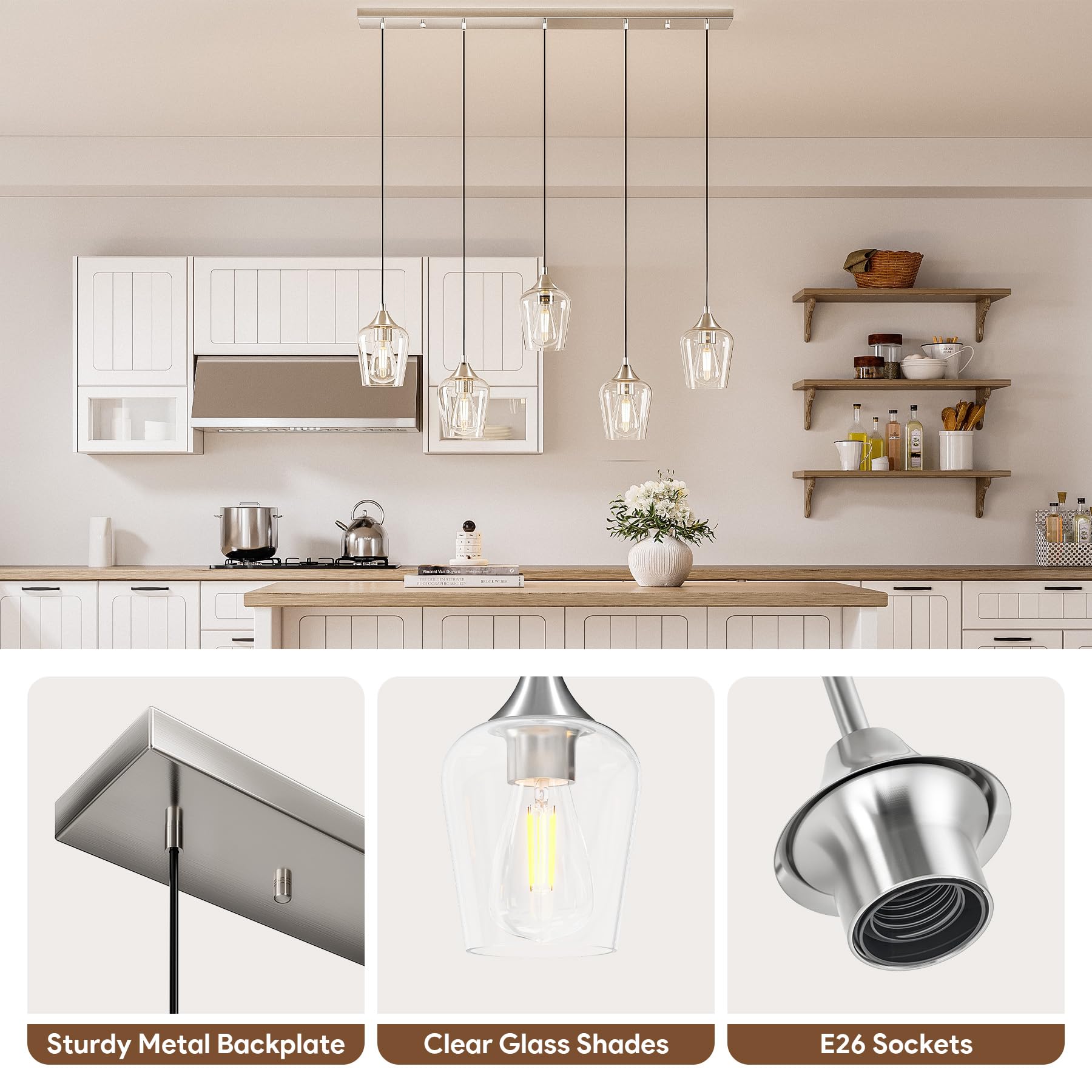 VONLUCE 5-Light Pendant Light Fixture, Modern Metal Design, Wine Glass Shades, Brushed Nickel, Adjustable 10"-55" Height, Model PDL-GLW5-NI