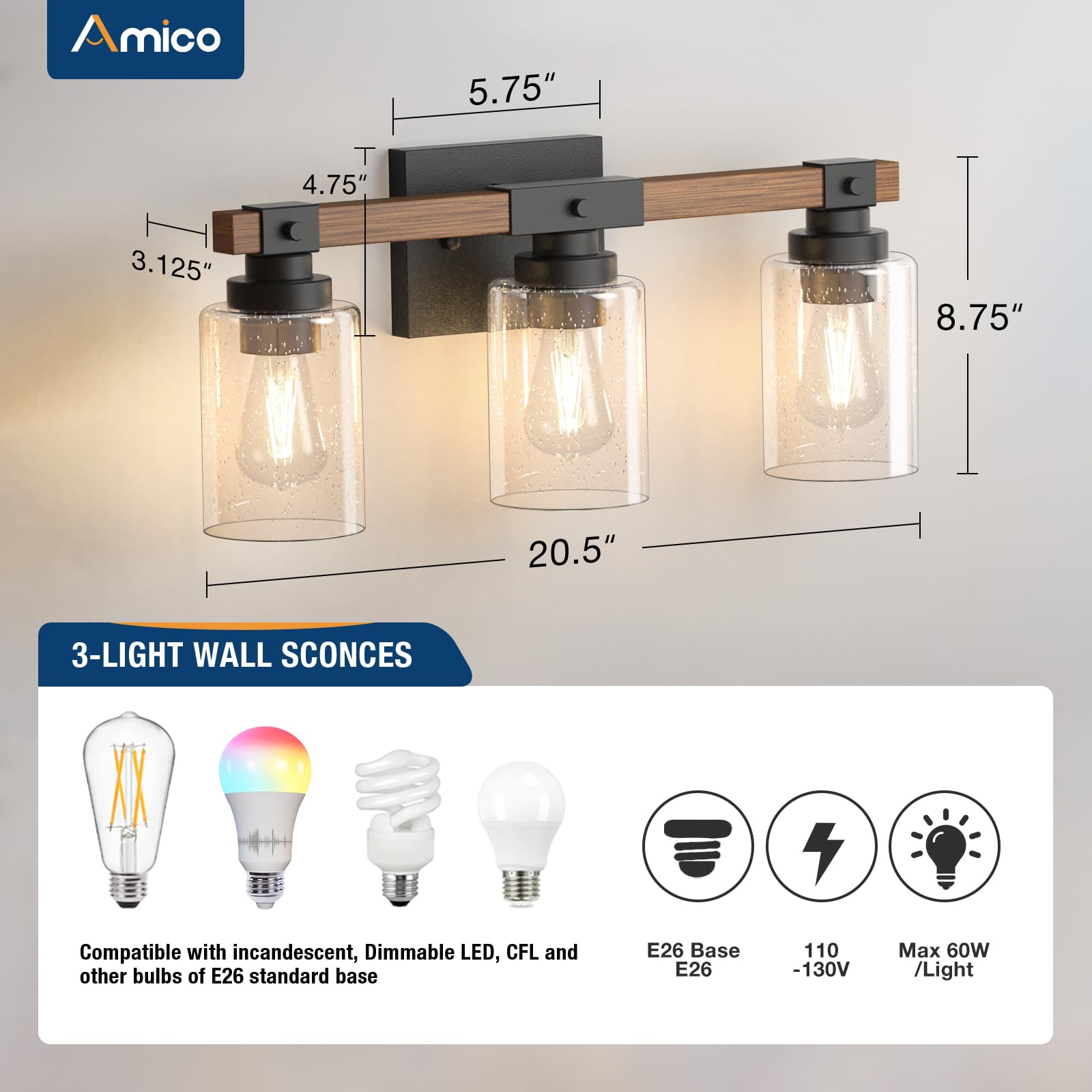 Amico 3-Light Farmhouse Vanity Light Fixture, Rustic Wood Bathroom Light Fixtures, Industrial Vintage Black Wall Sconces Light W