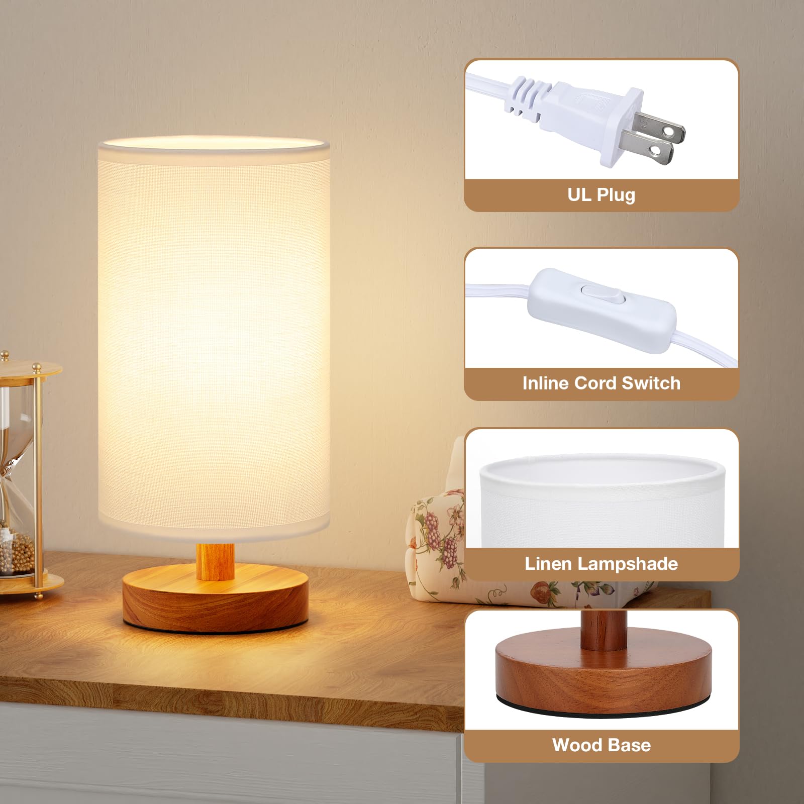 Fenmzee Small Table Lamp For Bedroom - Inline Control, Bedside Lamp With 3000K A15 Led Blub, Easy Assembly (White Shade - Walnut