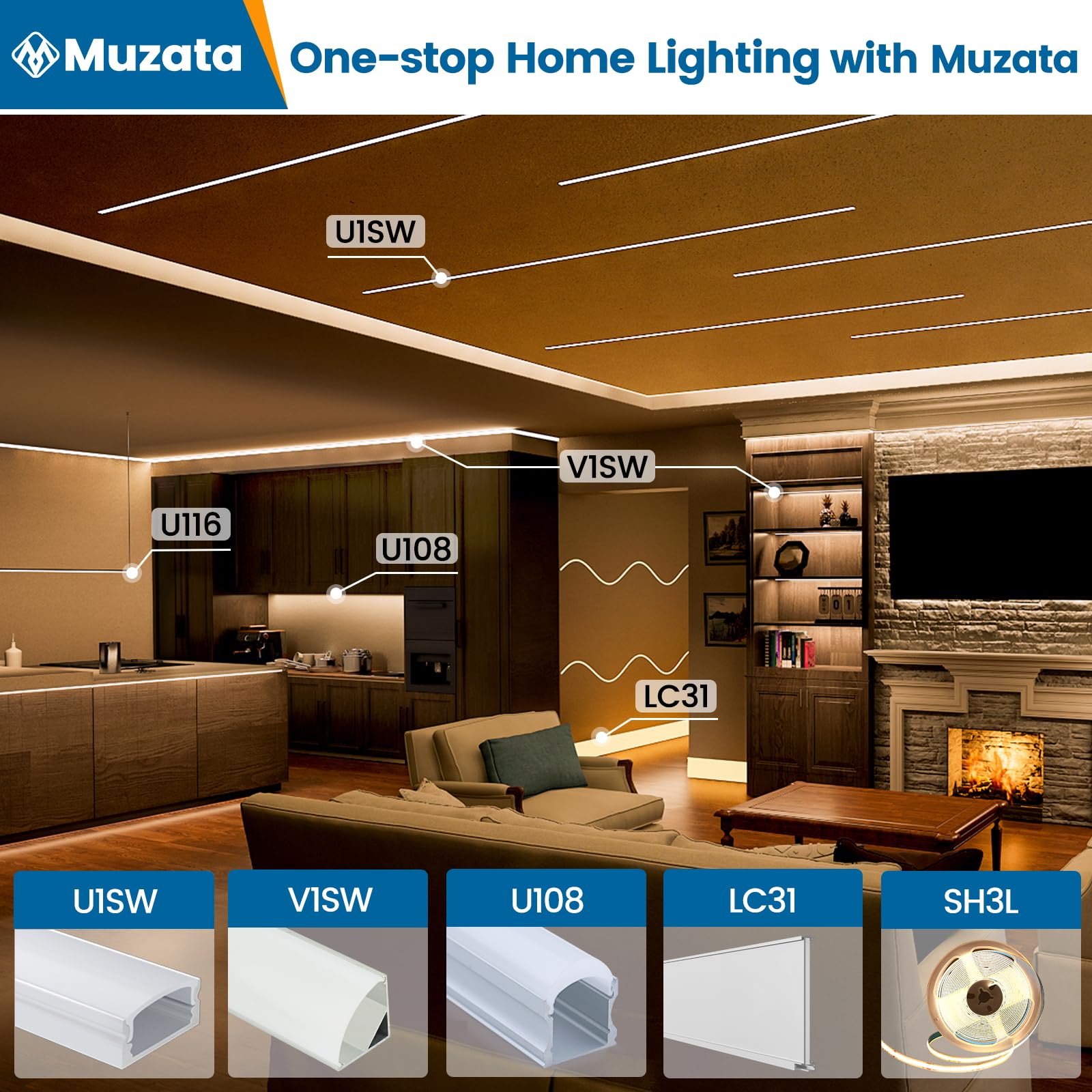 Muzata 10Pack 6.6Ft/2M Excellent Spotless Led Channel System With Milky White Cover Black Aluminum U Shape Led Strip Diffuser Ch