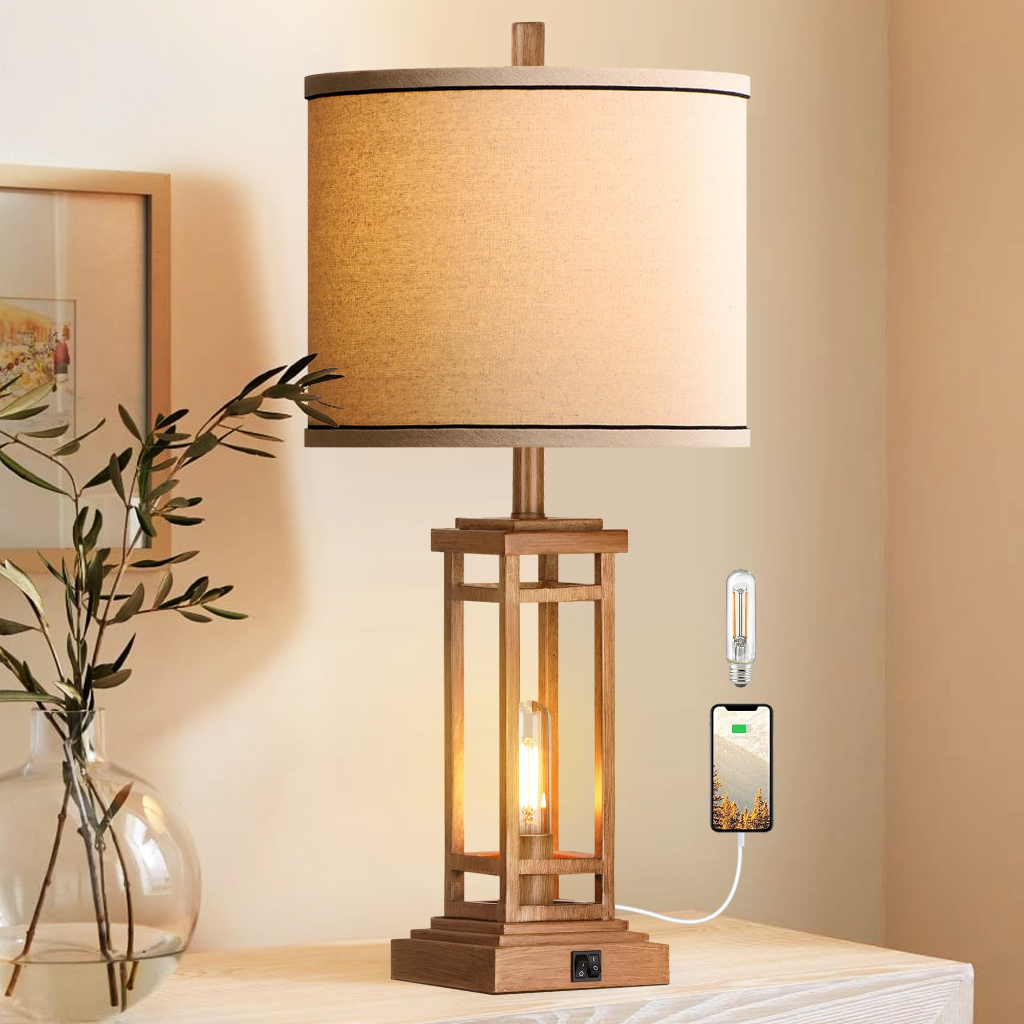 ROTTOGOON Farmhouse Table Lamp, 27.5in, USB Charge Ports, Metal, Wood Finish, Model ROLP380AO1