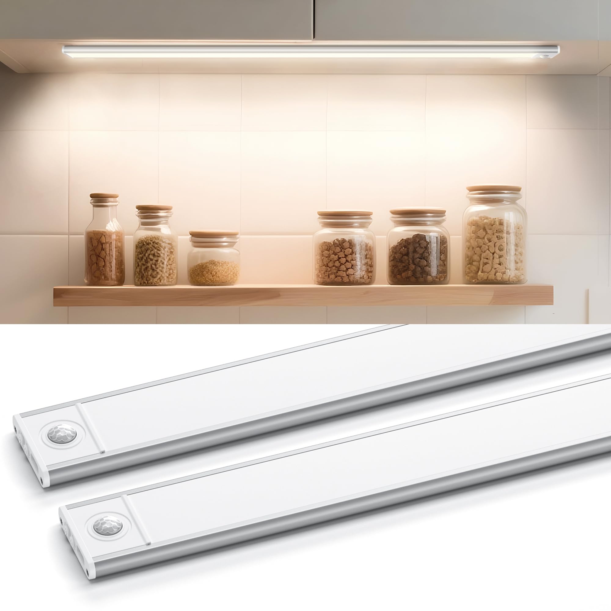 Under Cabinet Lighting 16 Inches, 108 LED Motion Sensor Light Indoor, Dimmable 3 Color Rechargeable Closet Light, Battery Operat