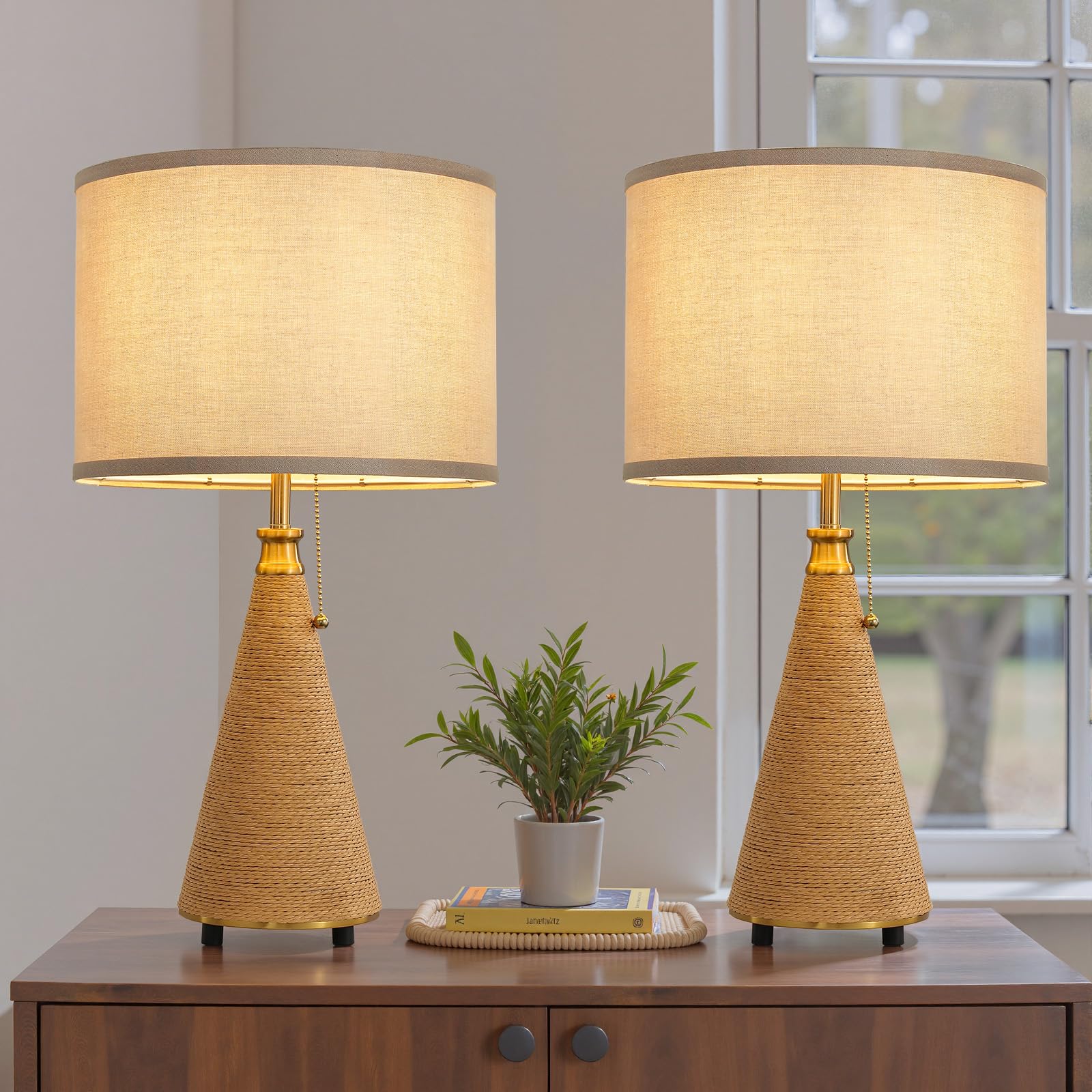 KAISITE Rattan Lamp Boho Table Lamp - 23.62in Beige-2PCS Handmade Woven Nightstand Lamp with Pull Chain, E26 Socket, Rustic Farmhouse Style
