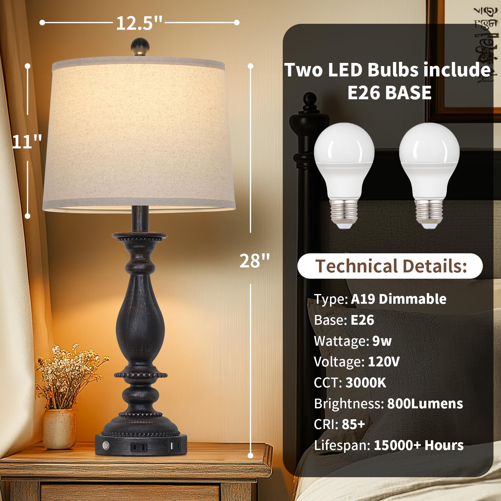 Cinsary 28'' Tall Farmhouse Table Lamps For Living Room Set Of 2,Vintage Rustic Black Bedside Touch Lamp With Usb C+A Ports & Ac