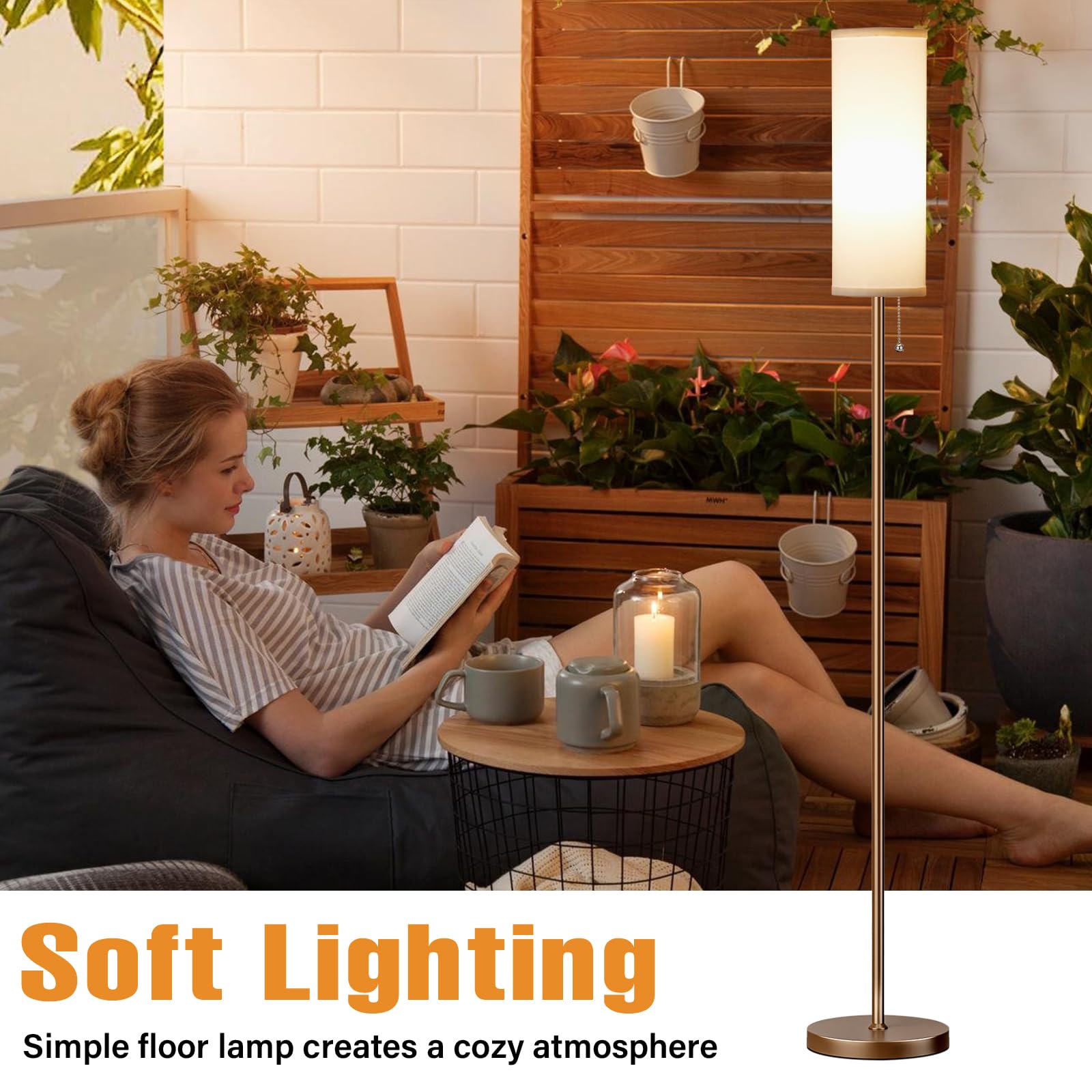 Ambimall 64" Floor Lamp with Linen Shade, 3 Color Temperatures, Metal, White & Brown - Minimalist Standing Lamp for Bedroom, Model RPT-ZGB20212