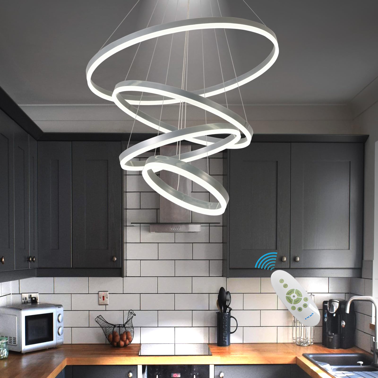Embring 4 Ring Chandelier, D31.5 Large Led Chandelier Modern Chandelier For Dining Room,High Ceiling Chandeier For Entryway,High Ceilings Chandelier Light Fixture Dimmable With Remote Controller