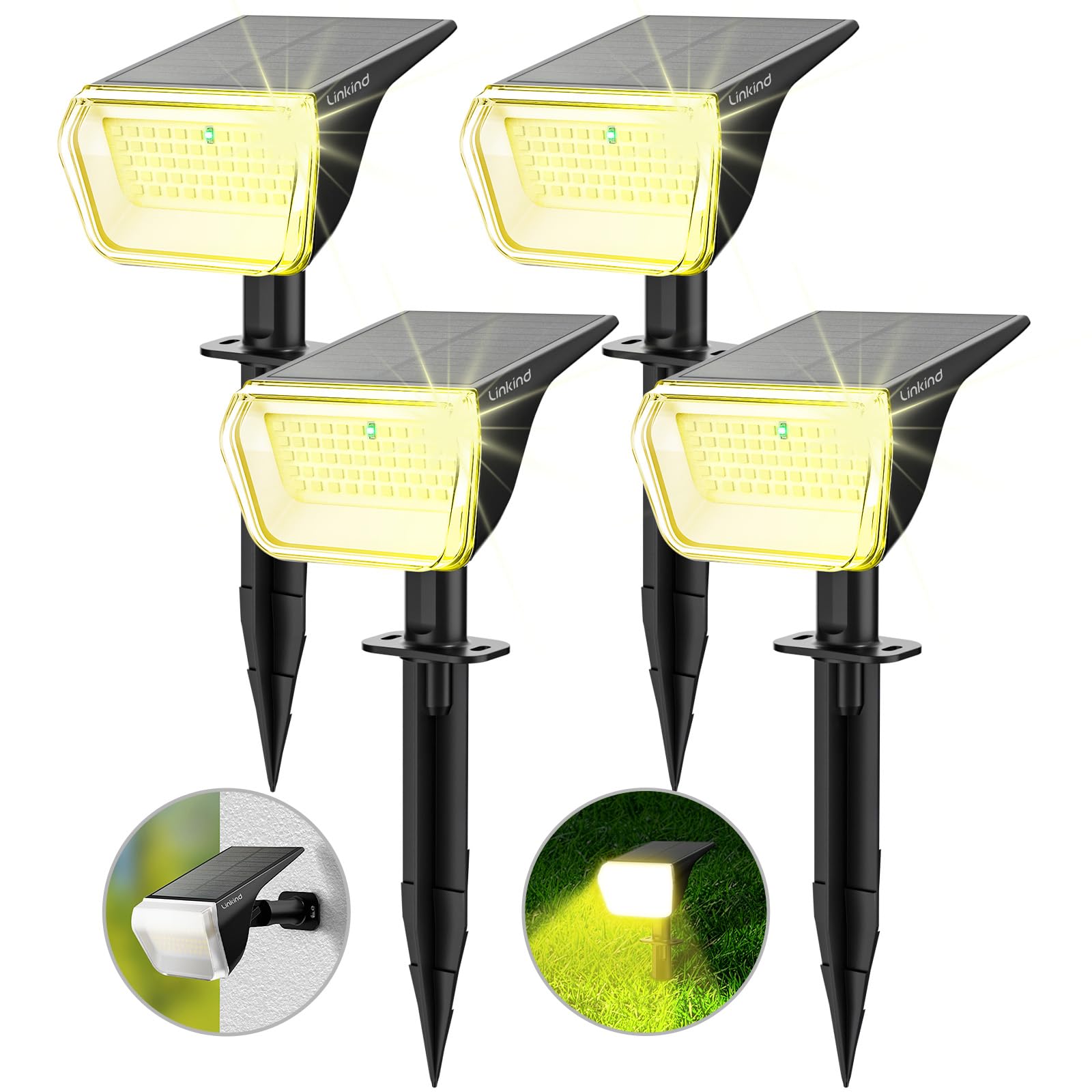 Linkind Solar Spot Lights, 60 LEDs, 30% Conversion Rate, Waterproof IP67, 4 Pack, Warm White