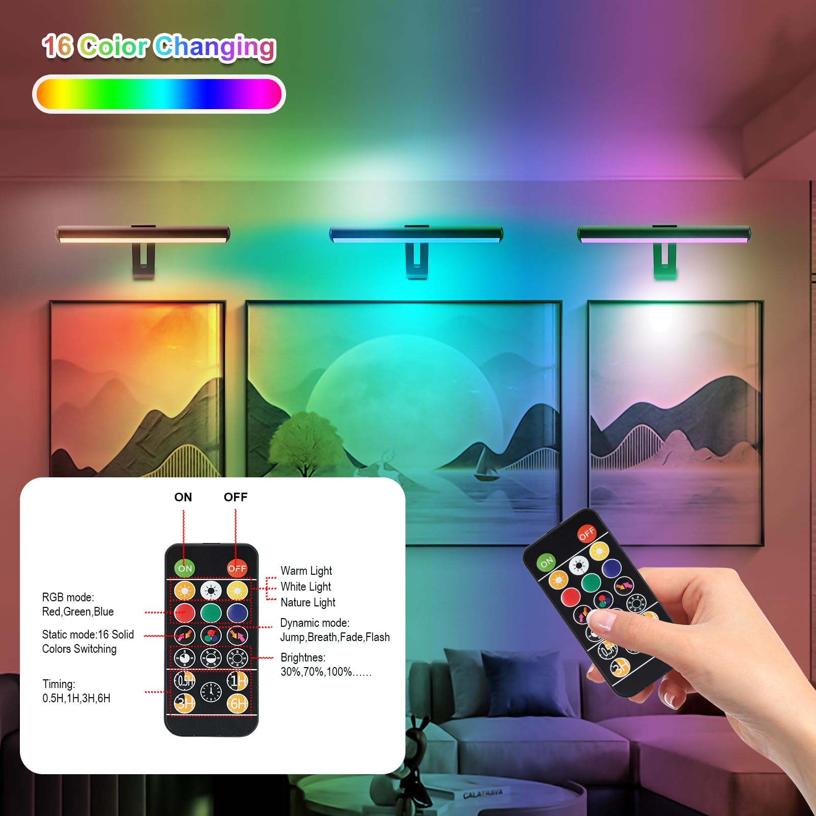 ZOCALOK Wireless Picture Light - 48 LED, 16 Color Options, Remote Control, Metal, 12-Inch, Black