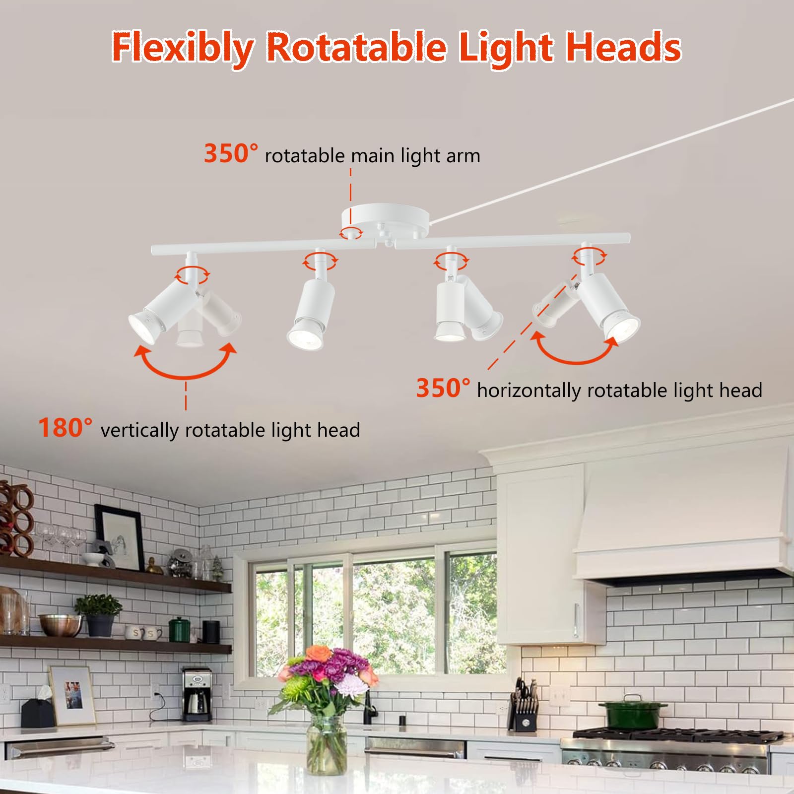 vivihobb Dimmable Plug in Track Light Fixture, 4 Lights, White, 16.4' Cord, Metal, Model 2101B-4-White, LED Bulbs Included