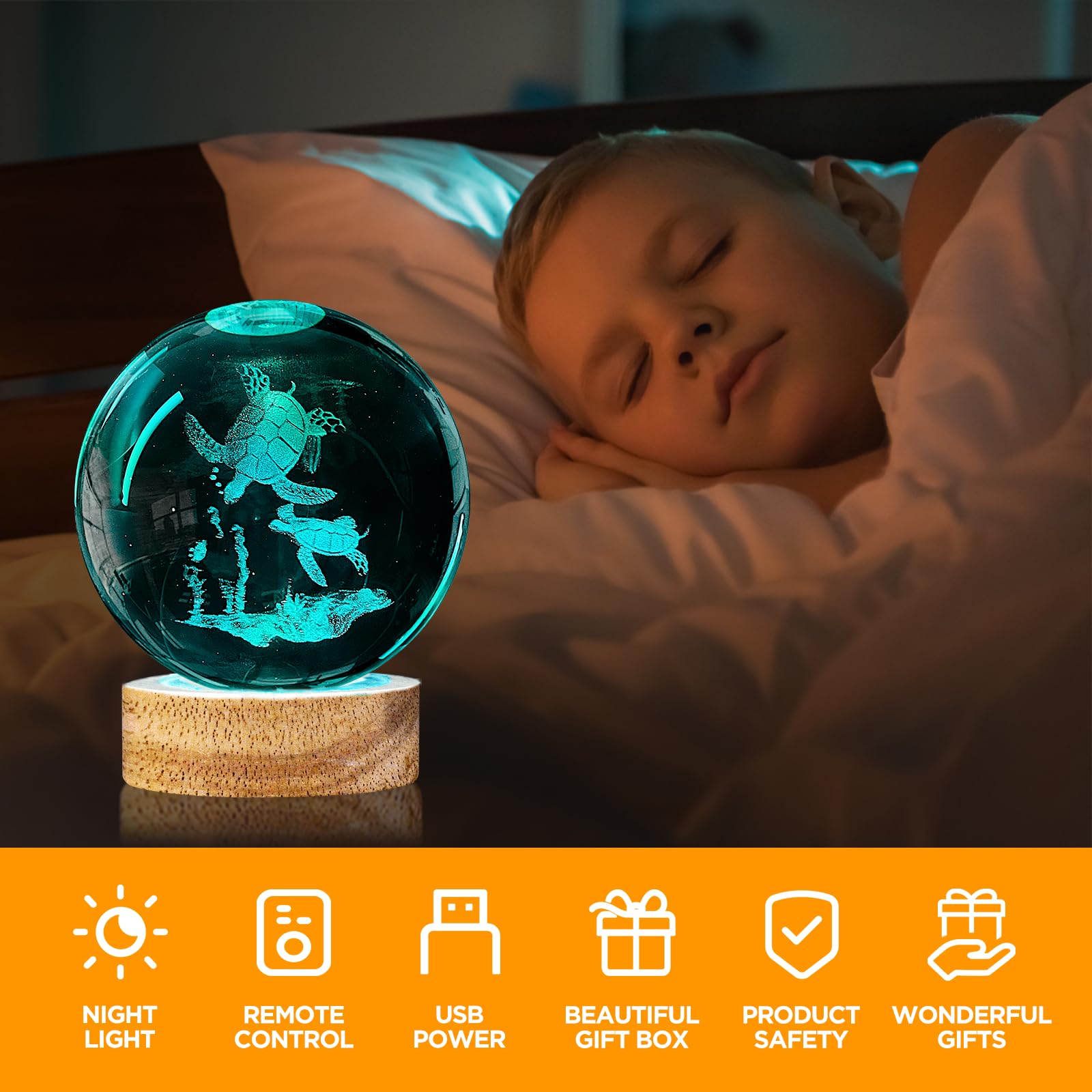 3D Sea Turtle Crystal Ball Night Light 3.15 Inch Turtle Glass Ball Lamp With 16 Color Changing Wooden Base And Remote Turtle Fig
