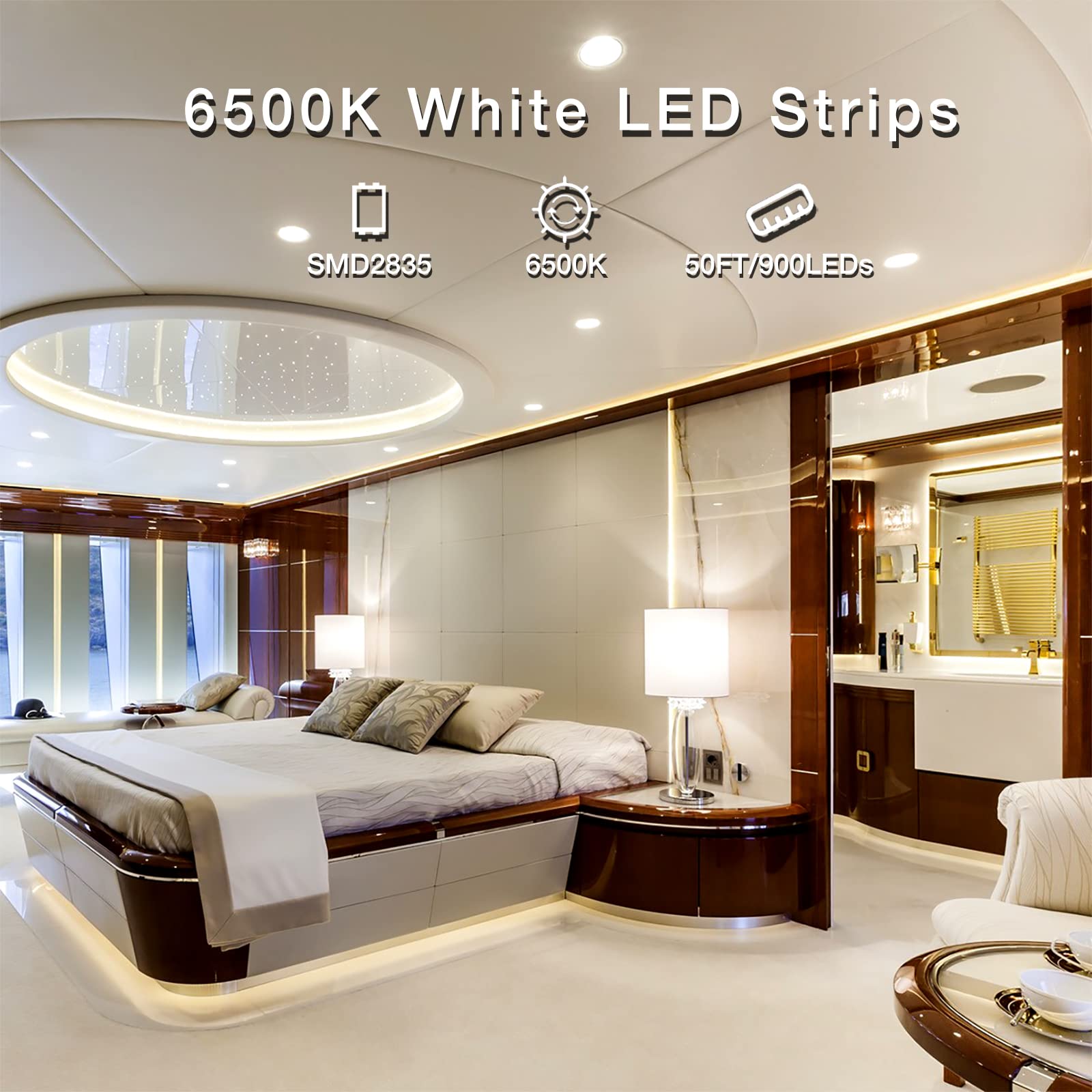 DAYBETTER LED Strip Lights, 50ft Dimmable 6500K Bright White, 900 LEDs for Home Decoration, Vinyl, Daylight White, Model FLSLS2015WUS