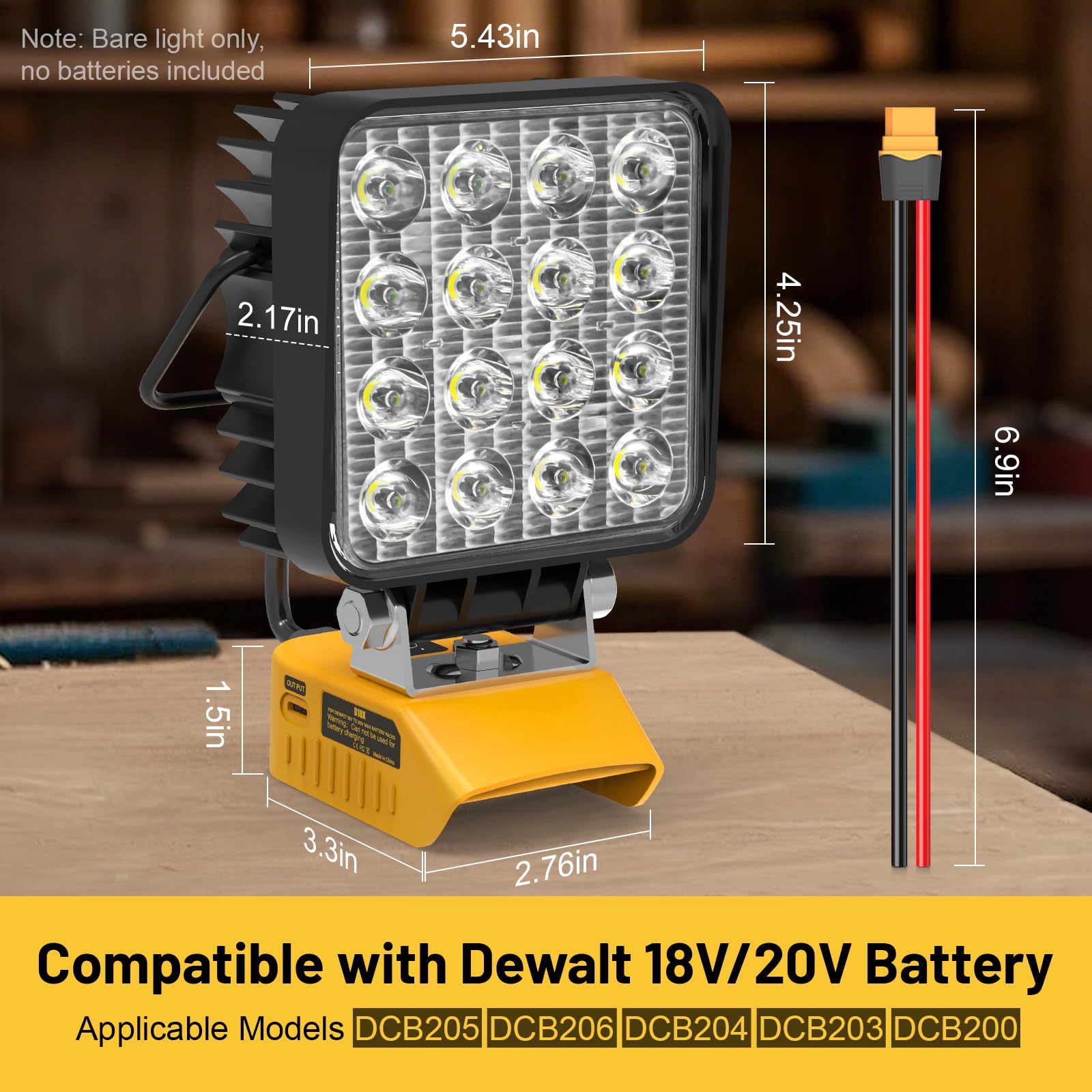 Mightrench LED Work Light 48W 4800LM Compatible with Dewalt 20V Battery, Yellow, Model DLED01, Adjustable 140°