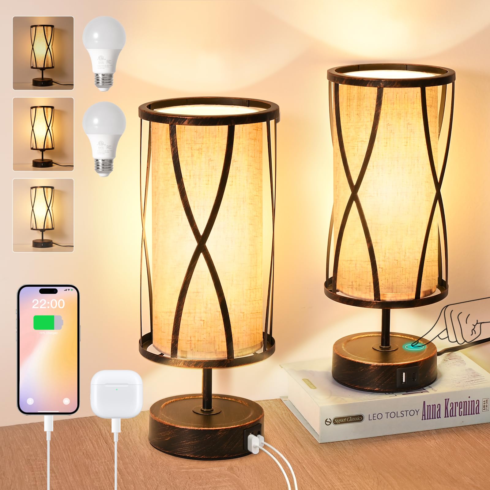 Plomixius Distressed Table Lamps for Living Room, 3 Way Dimmable Touch Lamps, Small Bedside Lamps with LED Bulbs, USB Ports C+A,