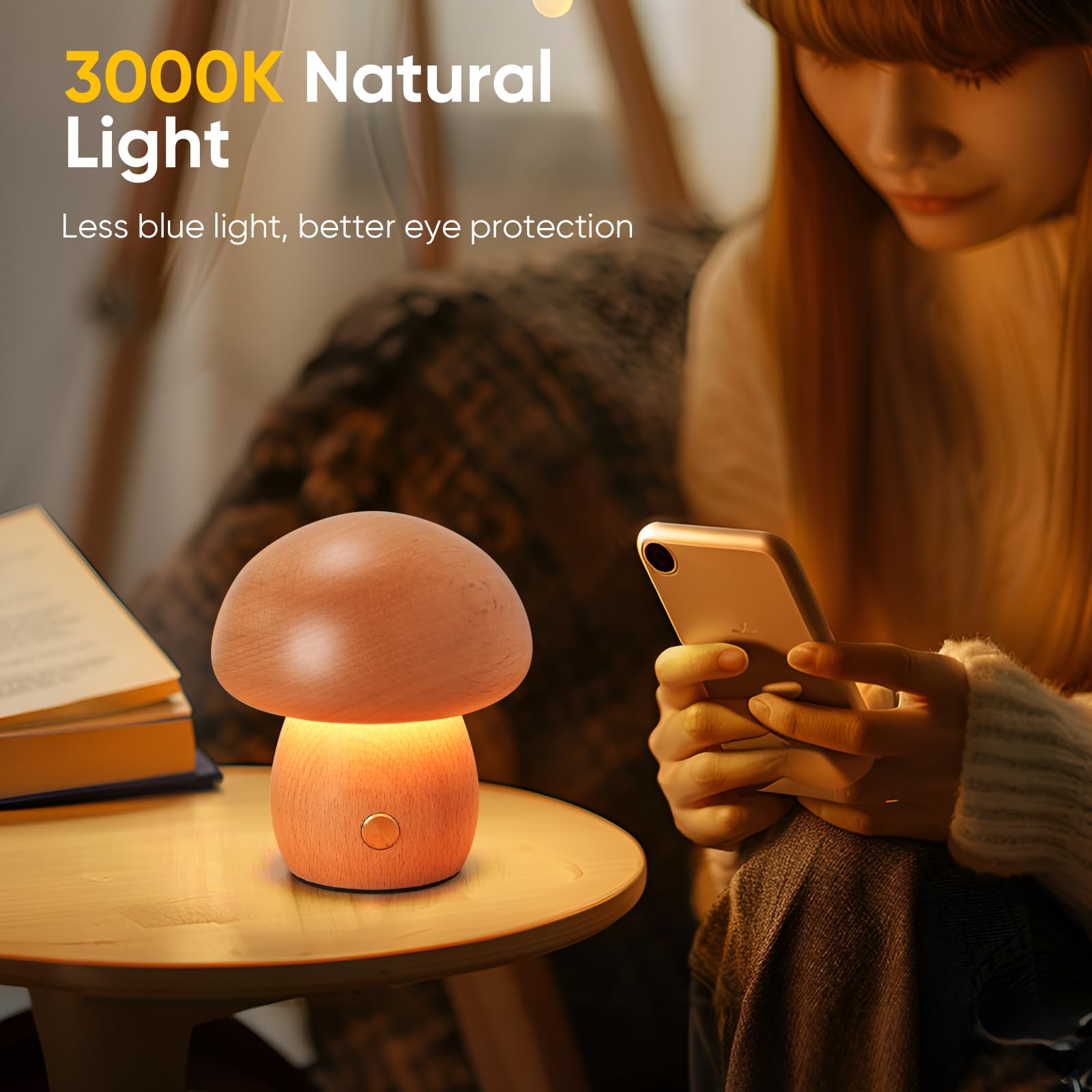 Lonrisway Wooden Mushroom Lamp, Portable Cordless Small Lamp, Rechargeable Battery Operated Lamp,Stepless Dimming, Night Light For Birthday Gifts, Brown