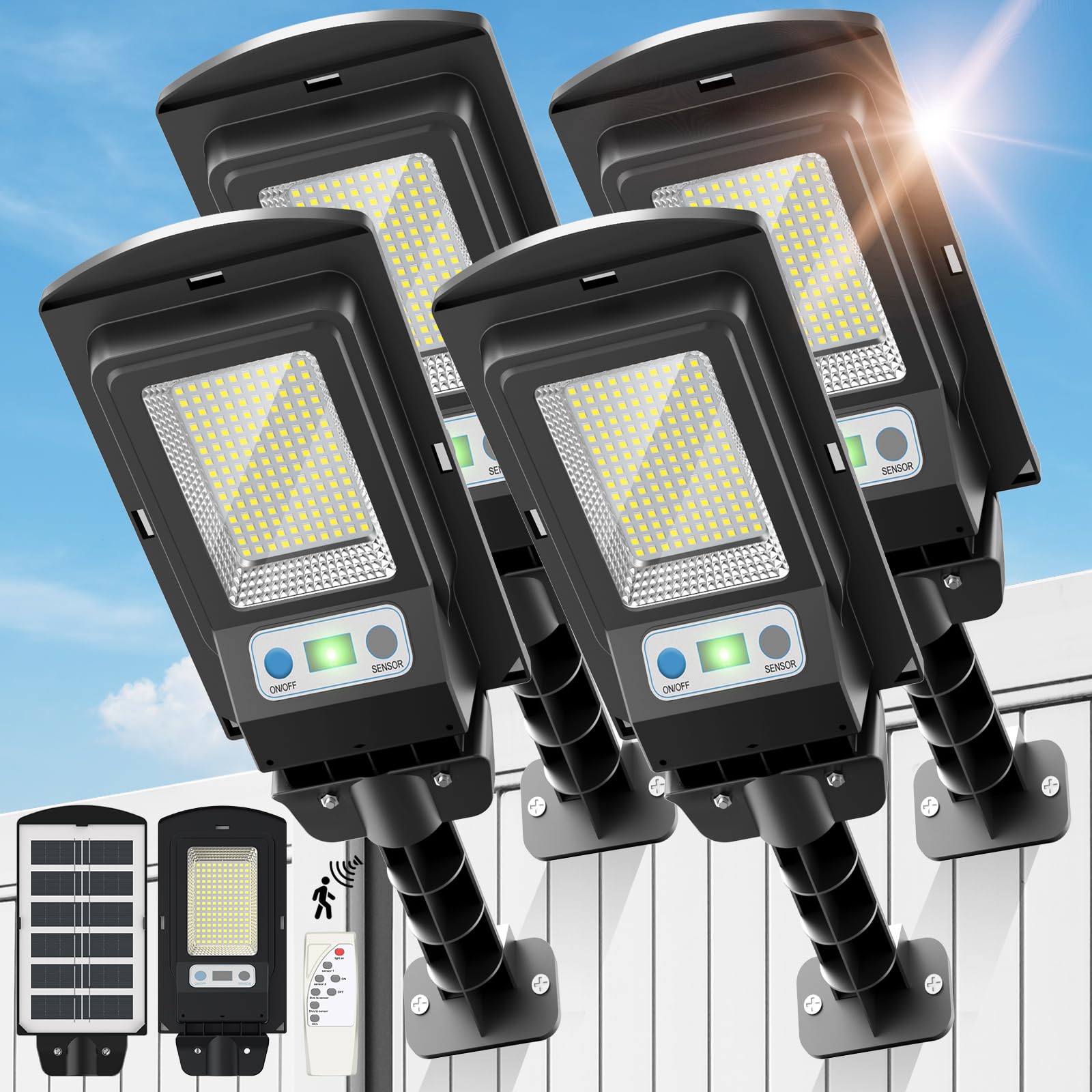 Solar Street Lights Outdoor Waterproof, 20000LM LED Dusk to Dawn Solar Light, 6500K Solar Flood Lights with Motion Sensor and Re