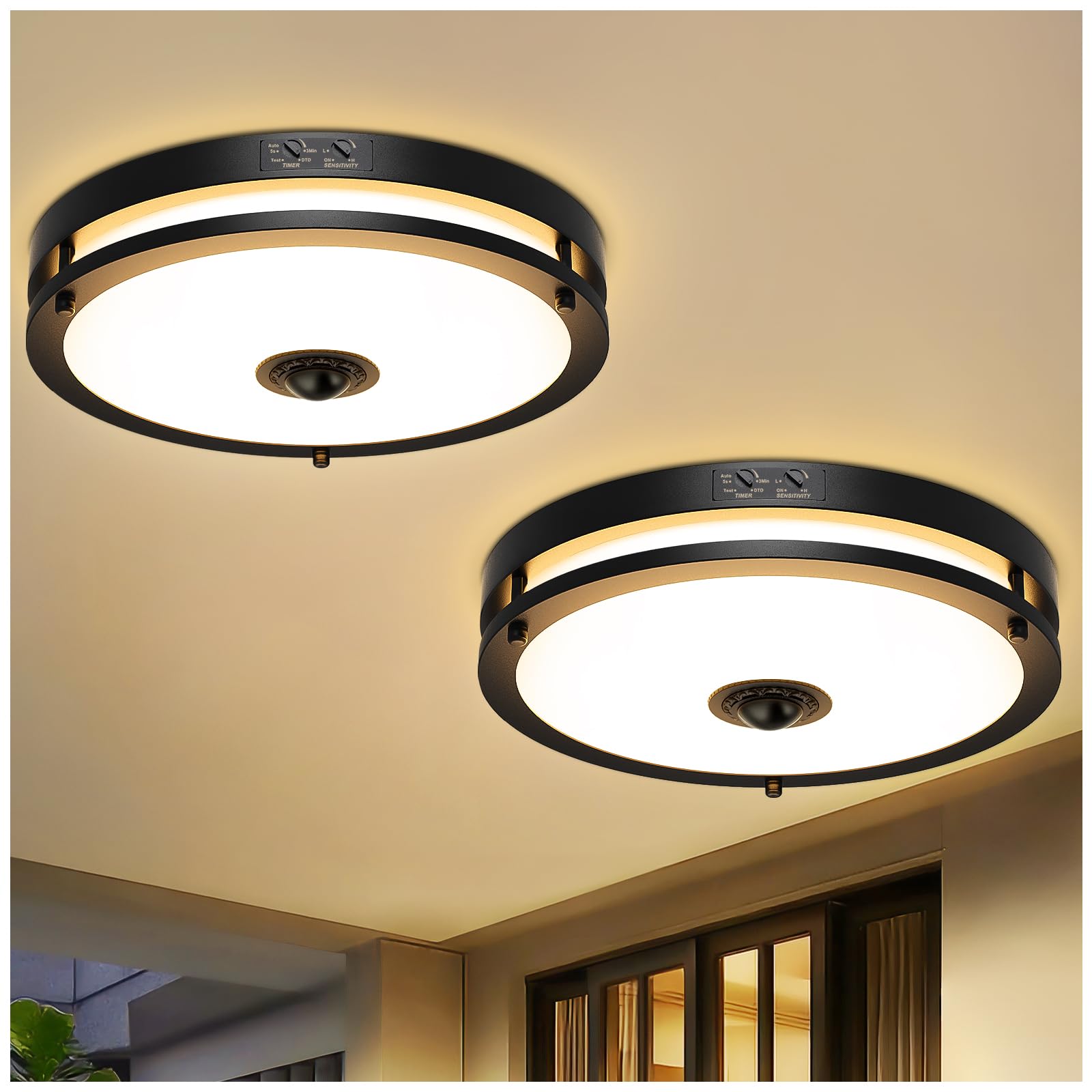 2 Pack 24W Led Motion Sensor Outdoor Ceiling Light, 12In 2700K/3000K/3500K/4000K/5000K Adjustable Ceiling Lights, Dusk To Dawn F