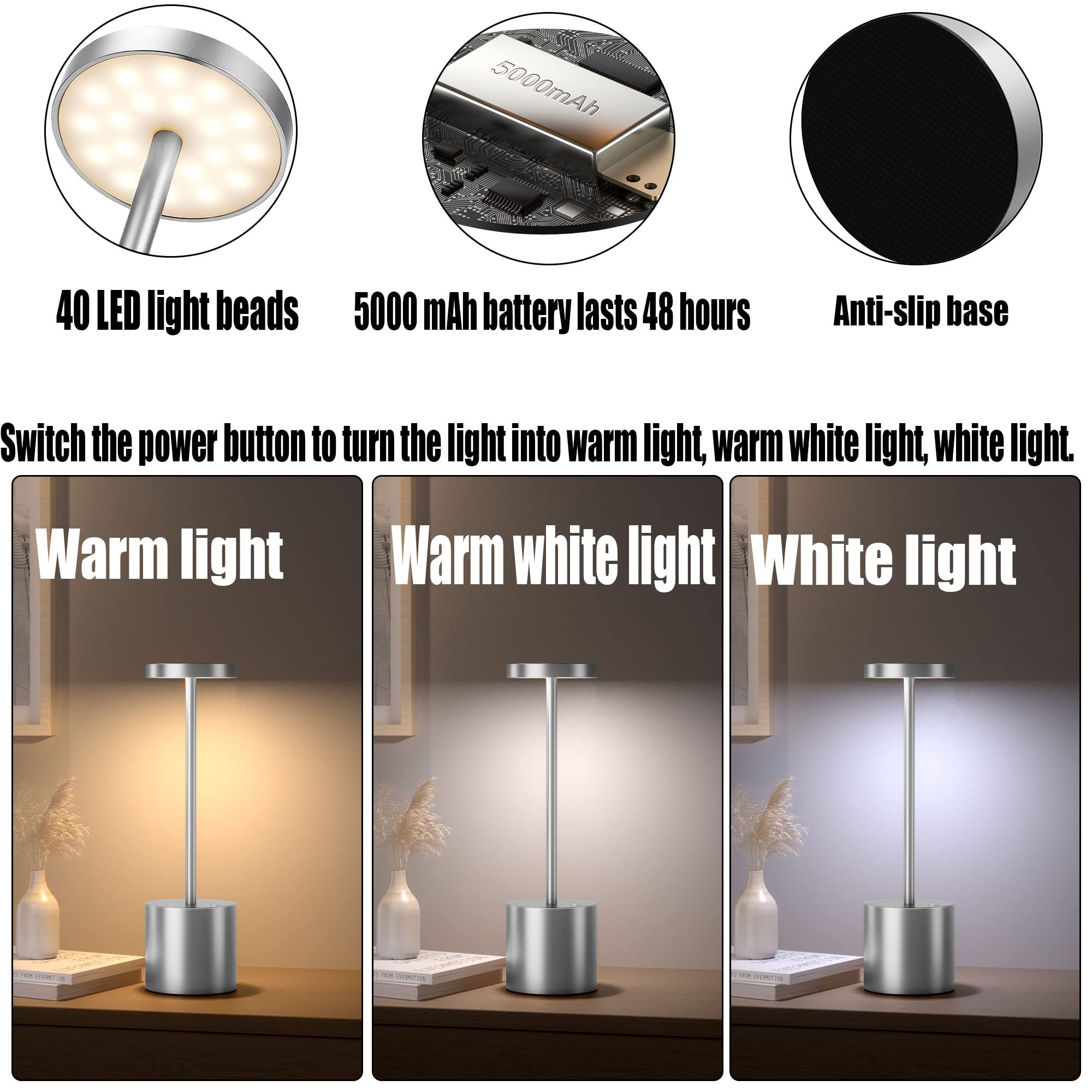 YIBEN Cordless Table Lamp, Rechargeable LED, 5000mAh, 3 Levels Brightness, 10.25in, Silver, 2-Pack, Model S801-B