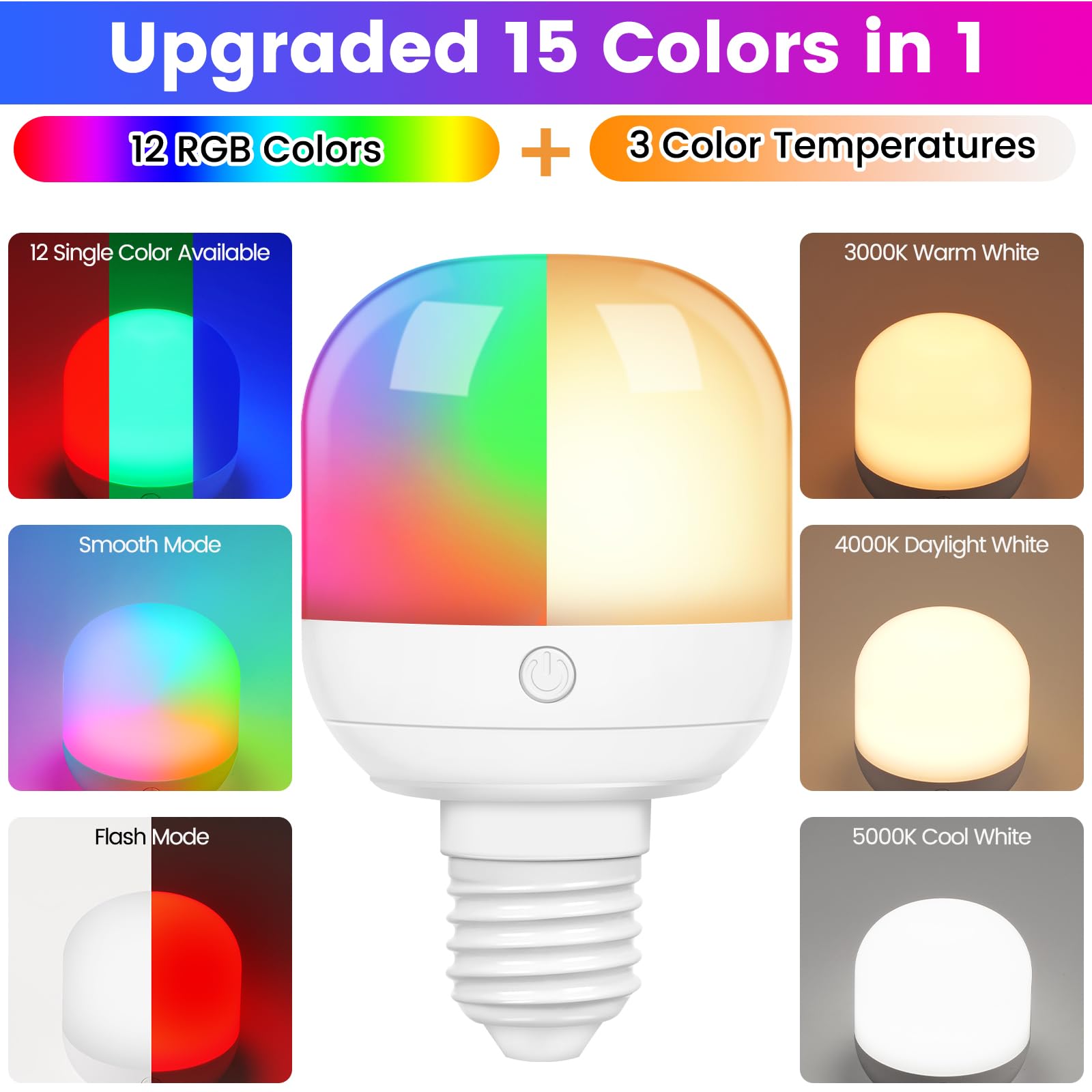 Yochoice Rechargeable Light Bulbs For Lamp With 15 Colors Selectable & 3 Timer, Dimmable Battery Light Bulb With Remote Control,