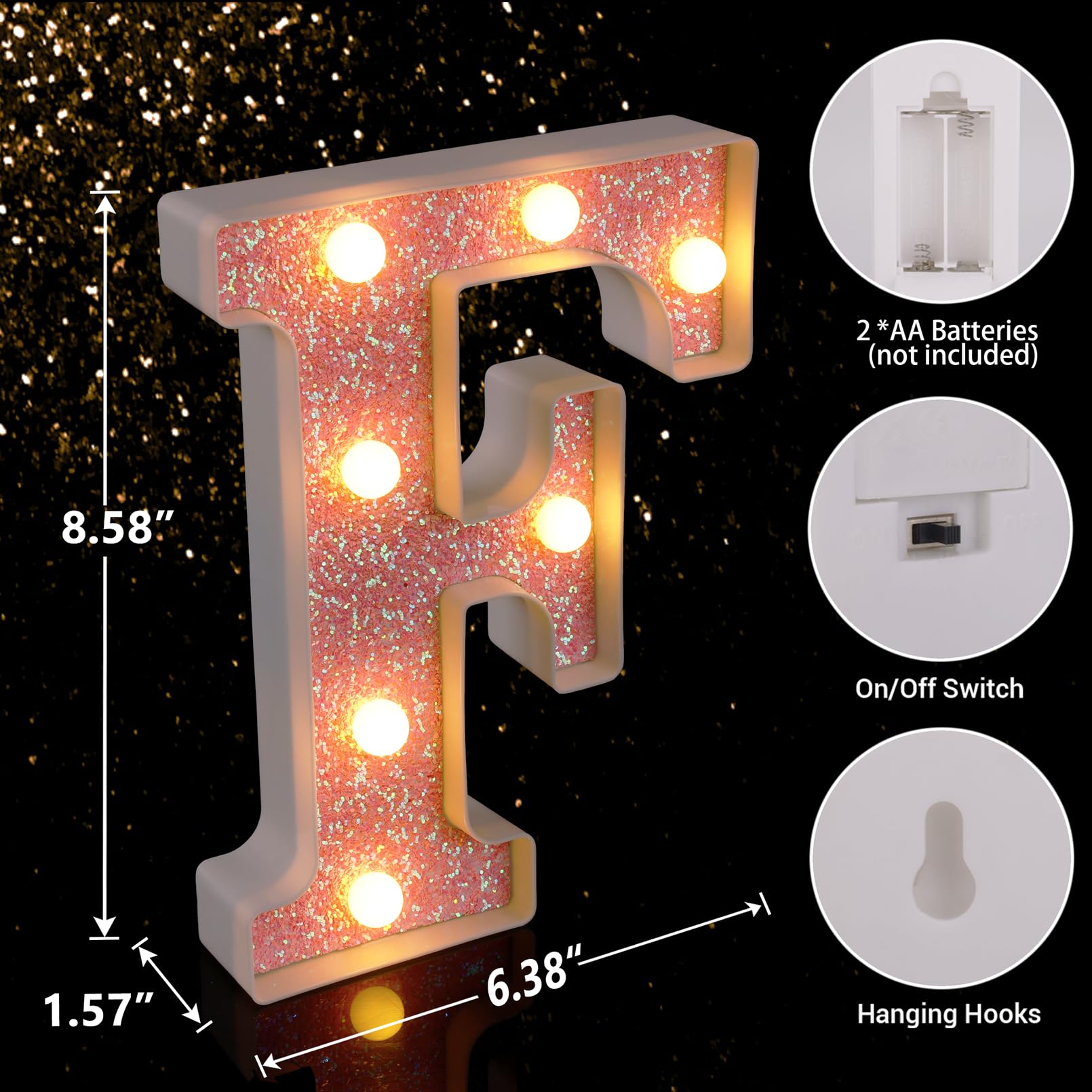 TRONSBOO LED Letter Light - Pink Glitter Marquee Sign, Battery Powered, 6.38inx8.58inx1.57in, Model Pink-Light-F, Home Party Decoration