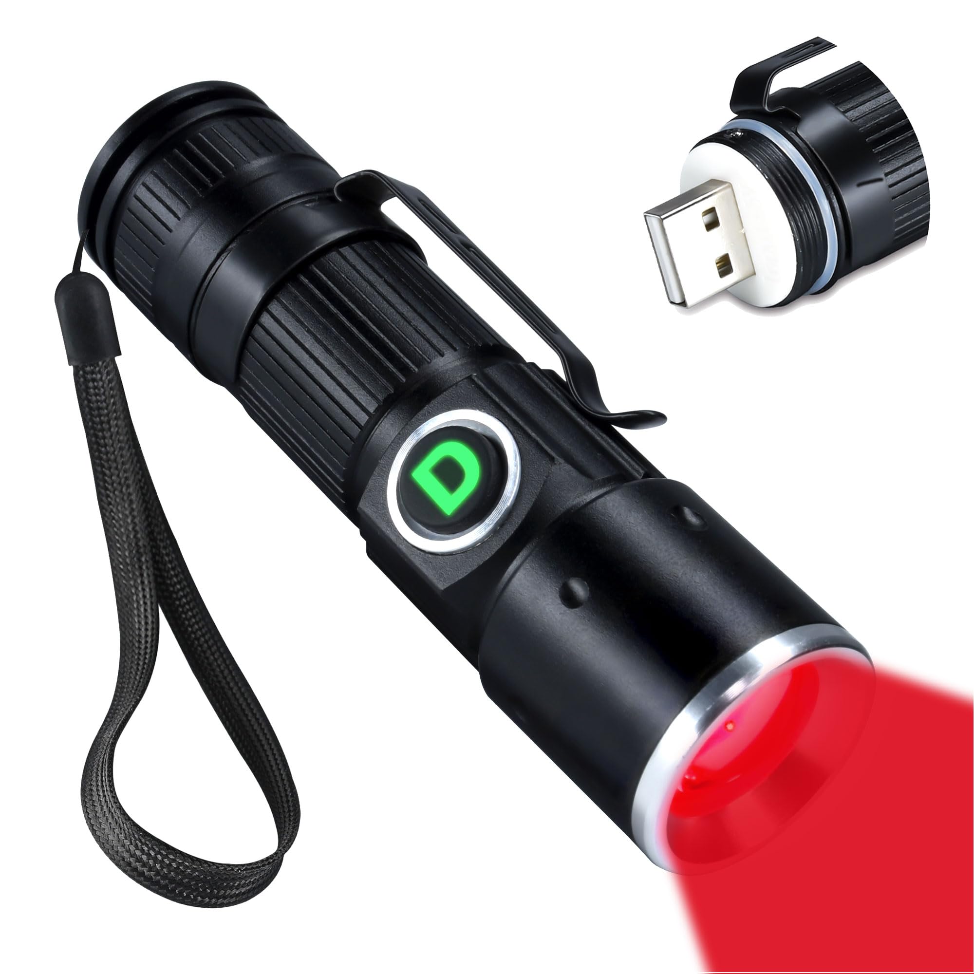 DARKDAWN Redlight Flashlight Rechargeable USB, LED Mini Red Light Flashlights Focus Adjustable, Flash Light Portable with Pocket