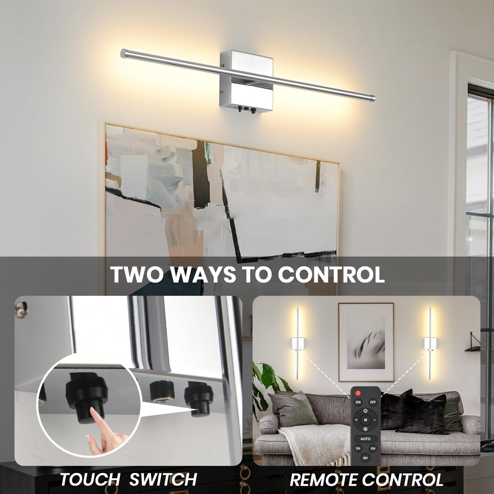 KELUOLY LED Wall Sconce, 11000mAh Rechargeable, Remote Control, Dimmable, 3 Color Temperatures, Chrome, 1 Pack, Model XY-Y312
