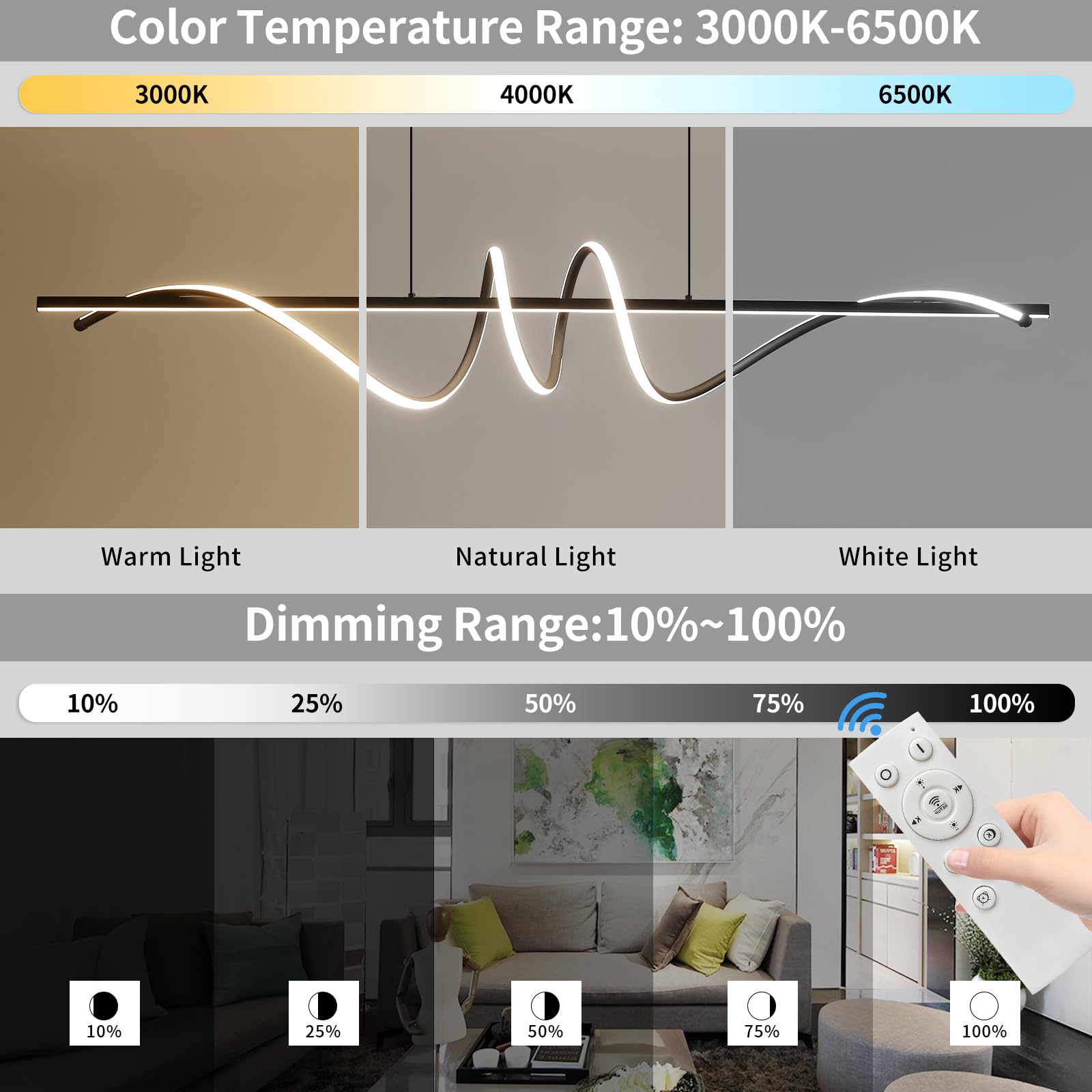 Modern Led Chandelier Light, 39In Pendant Light Fixtures Dimmable With Remote Control 3000K-6500K Adjustable Color Temperature,Aluminum Island Lighting Lamp For Dining Room, Living Room, Island