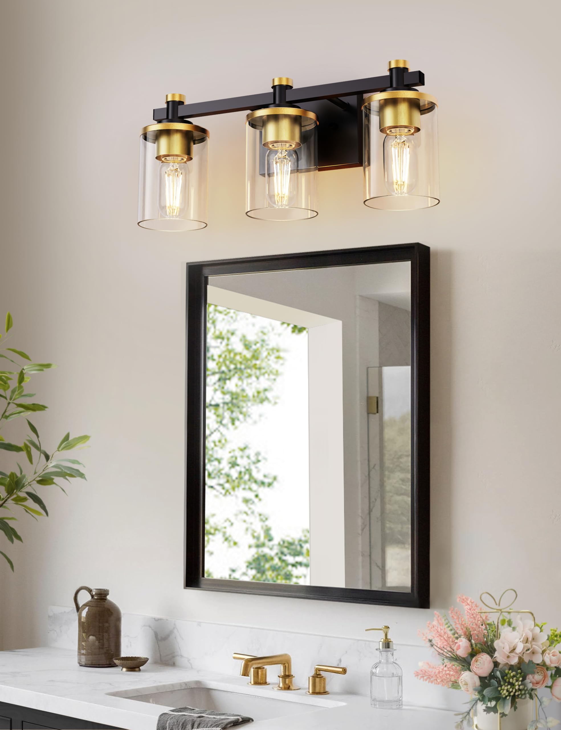 L LOHAS LED 3-Light Bathroom Vanity Light Fixture, Glass Shade, Black and Gold, Model A-JQD06T3GBE26