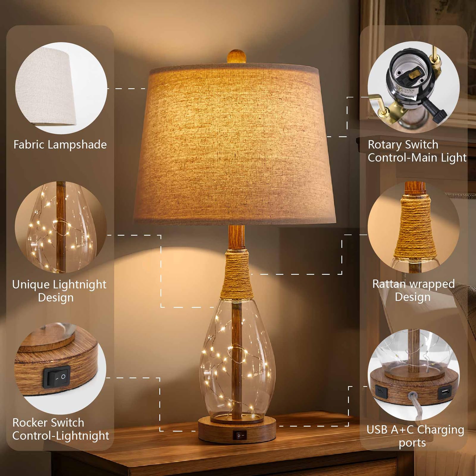OYEARS USB A+C Table Lamp, 23in Modern Rattan & Glass Nightstand Light, Brown, Model AMZ-T1140-U-1