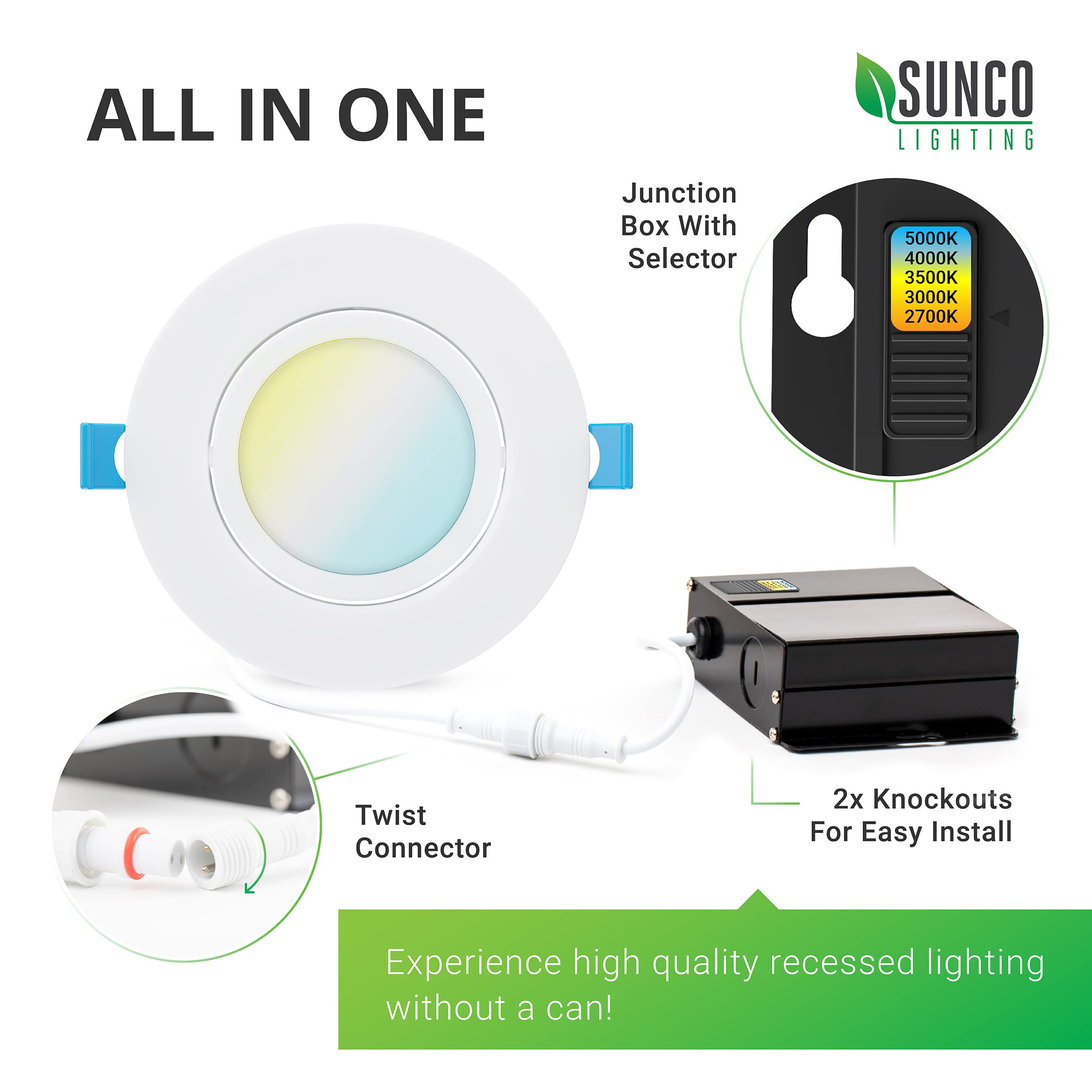 Sunco Lighting 6 Pack Recessed Led Lights Canless 4 Inch Eyeball Gimbal 12W, Selectable 2700K/3000K/3500K/4000K/5000K, Angled Di