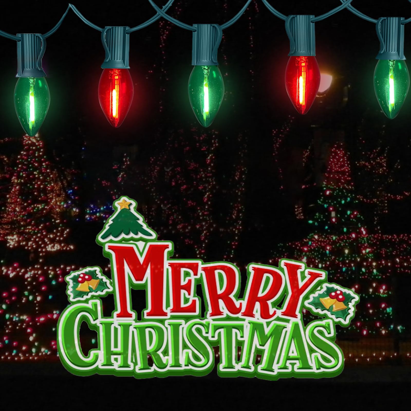 Chyparty 25Ft C7 Christmas Lights Outdoor  Red Green Classic 2-Color Led String Lights For Roof  Fence  Tree  Traditional Holiday Decor