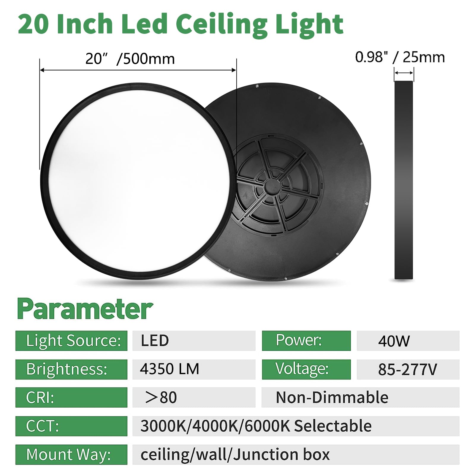 FY WISDOM FLY LIGHTING 20 Inch LED Flush Mount Ceiling Light, 40W, 4350LM, 3000K/4000K/6000K, Black,