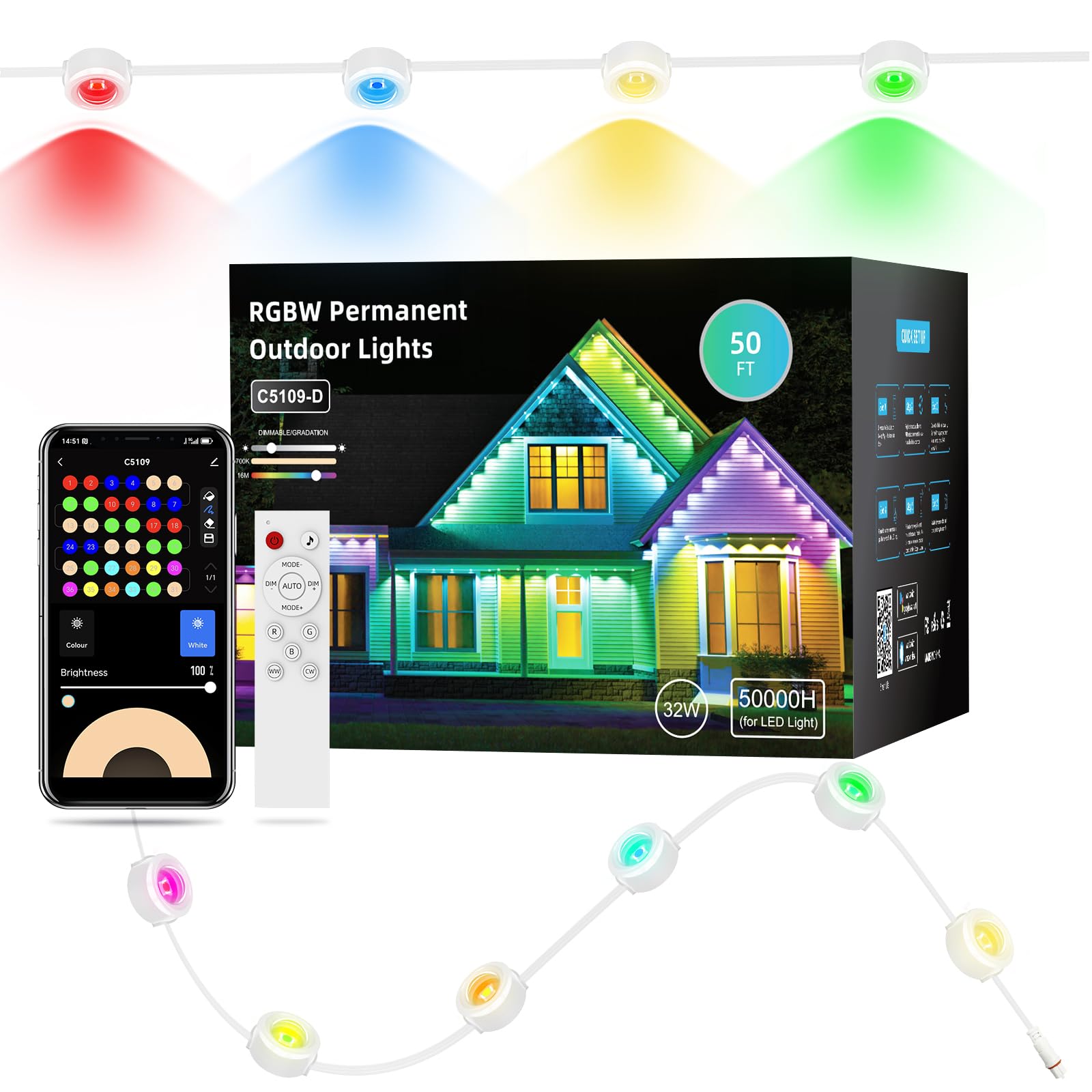 APPECK Permanent Outdoor Lights 50ft with 36 RGBW LEDs, 111 Scene Modes, Eaves Lights with 40lm Warm White, for Daily Holiday Ho