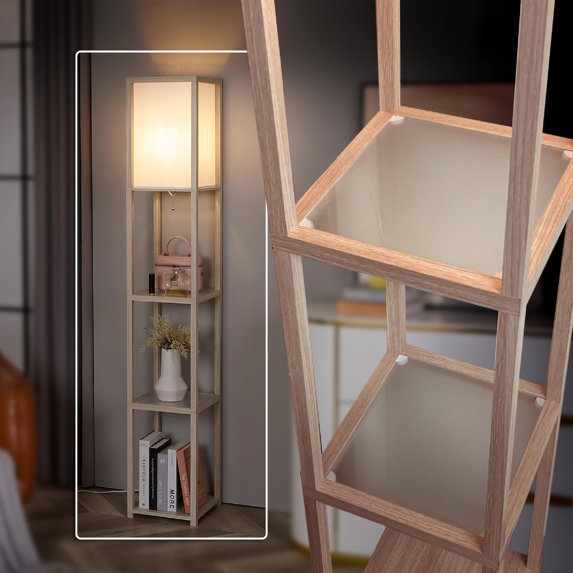 Fenlo Floor Lamp With Shelves - Tall Standing Lamp With Tempered Glass Tiers - Modern Minimalist Floor Lamp For Bedroom, Living