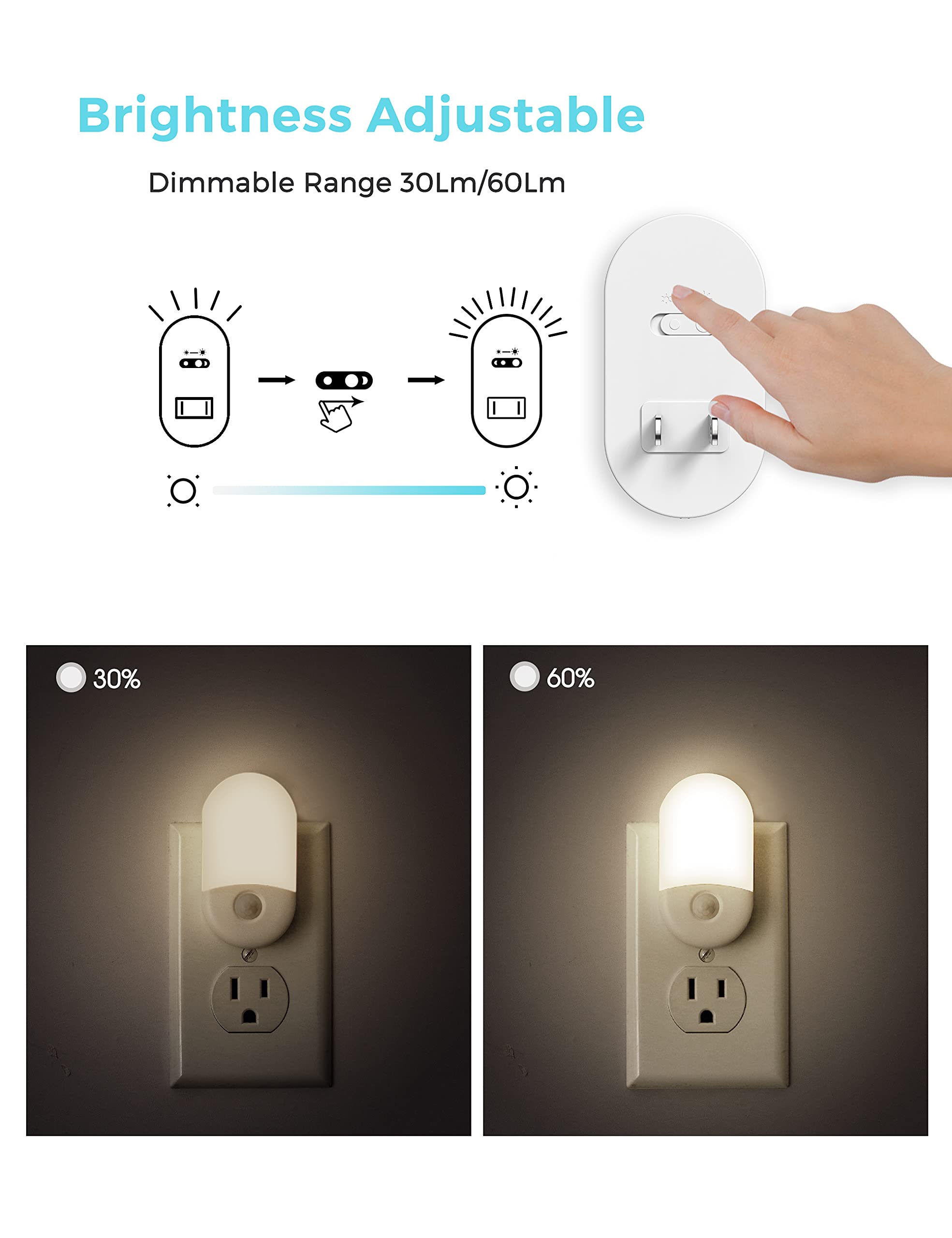 L Lohas Led Night Light, 4 Pack Motion Sensor, Adjustable Brightness, Daylight White, For Hallway, Bathroom, Kids