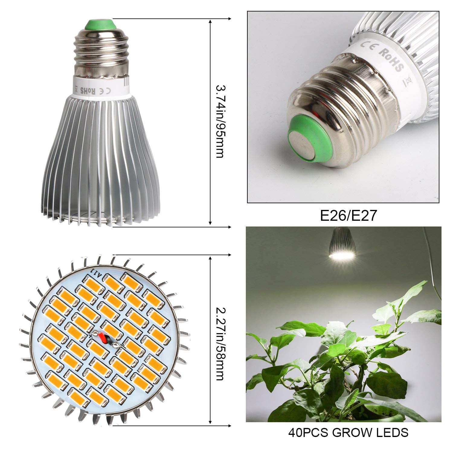 Milyn 2 Pack 30W Led Grow Light Bulb White Full Spectrum Grow Lights For Indoor Plants, E26 Plant Light Bulb For Diy Indoor Plants, Flowers, Greenhouse, Indore Garden, Hydroponic