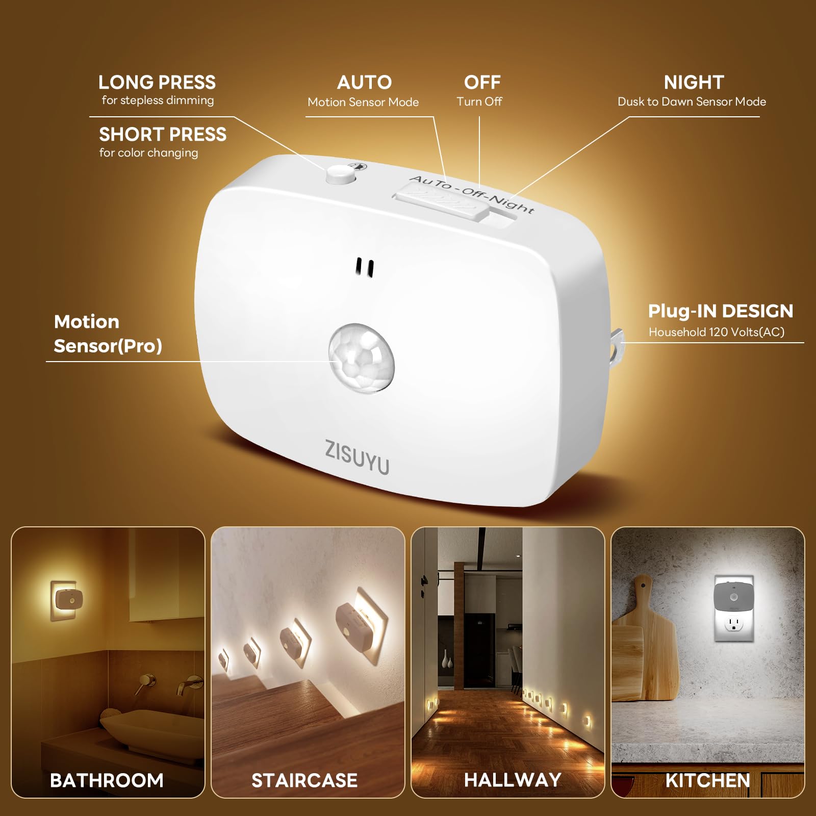 ZISUYU LED Backlit Night Light with Motion Sensor, Dimmable 10-60lm, 6 Pack, Cool White, Model ZU-17
