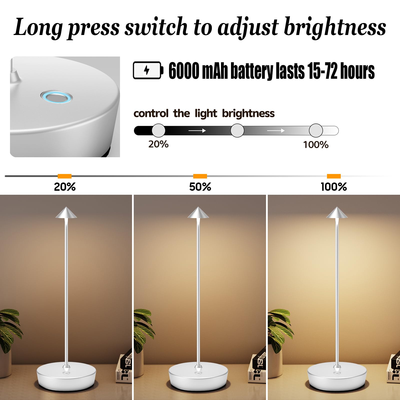 YIBEN Rechargeable Cordless Table Lamp, LED Battery 6000mAh, 3 Brightness Levels, 2-Pack, Silver, Model X12