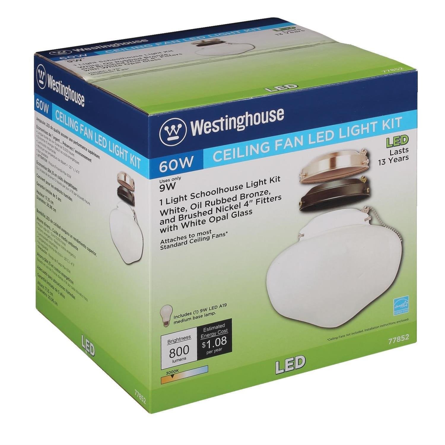 Westinghouse LED Schoolhouse Ceiling Fan Light Kit, Model 7785200, Three Fitters, White Opal Glass, Indoor/Outdoor