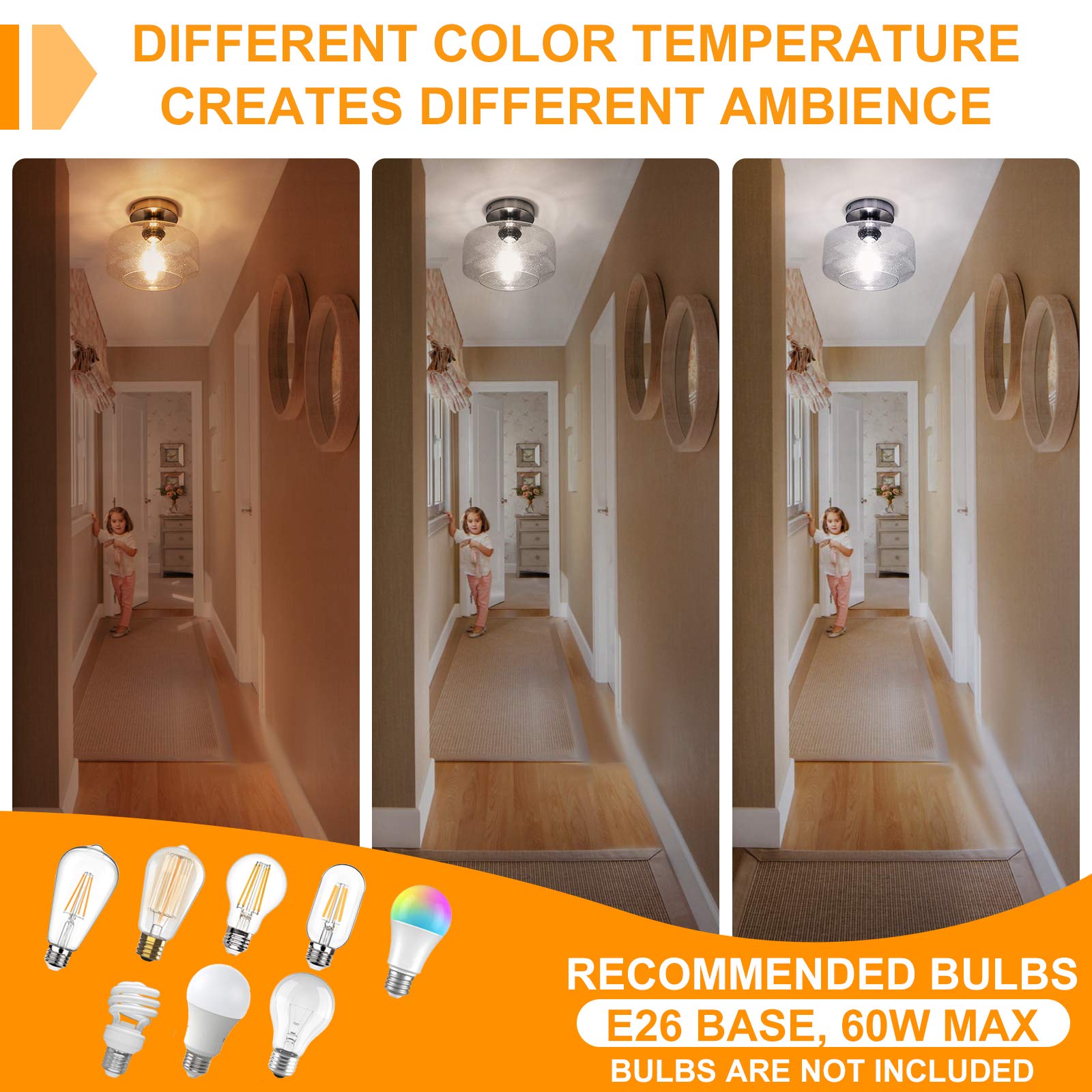 Sunrider Semi Flush Mount Ceiling Light Fixtures, Brushed Nickel Industrial Seeded Glass Lamp, Silver Ceiling Light For Kitchen