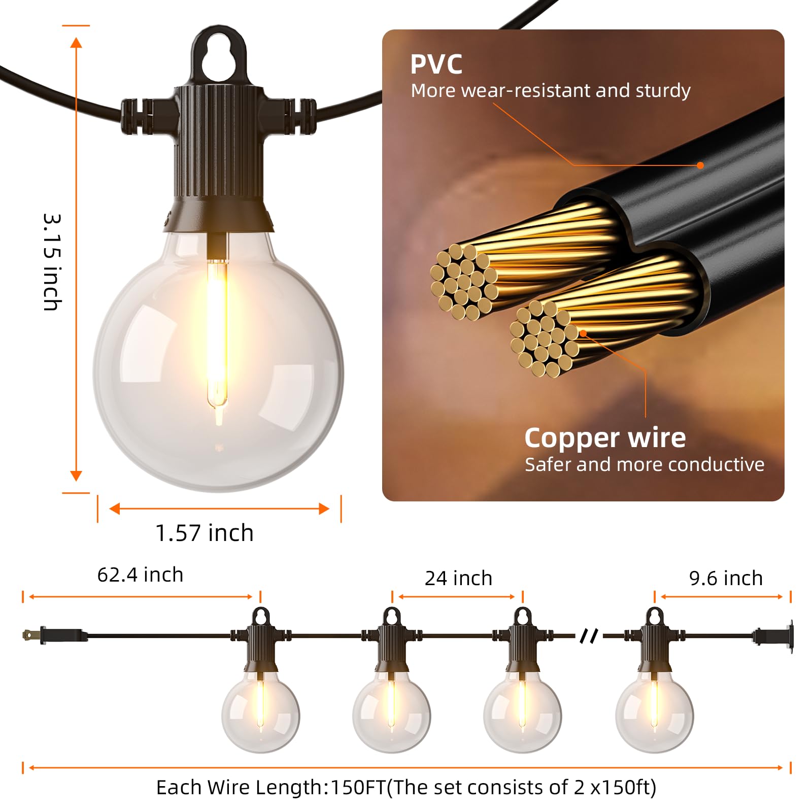 Kawaya Outdoor String Lights - LED Waterproof 300FT Black with 146+4 G40 Shatterproof Globe Bulbs - Model 12-25
