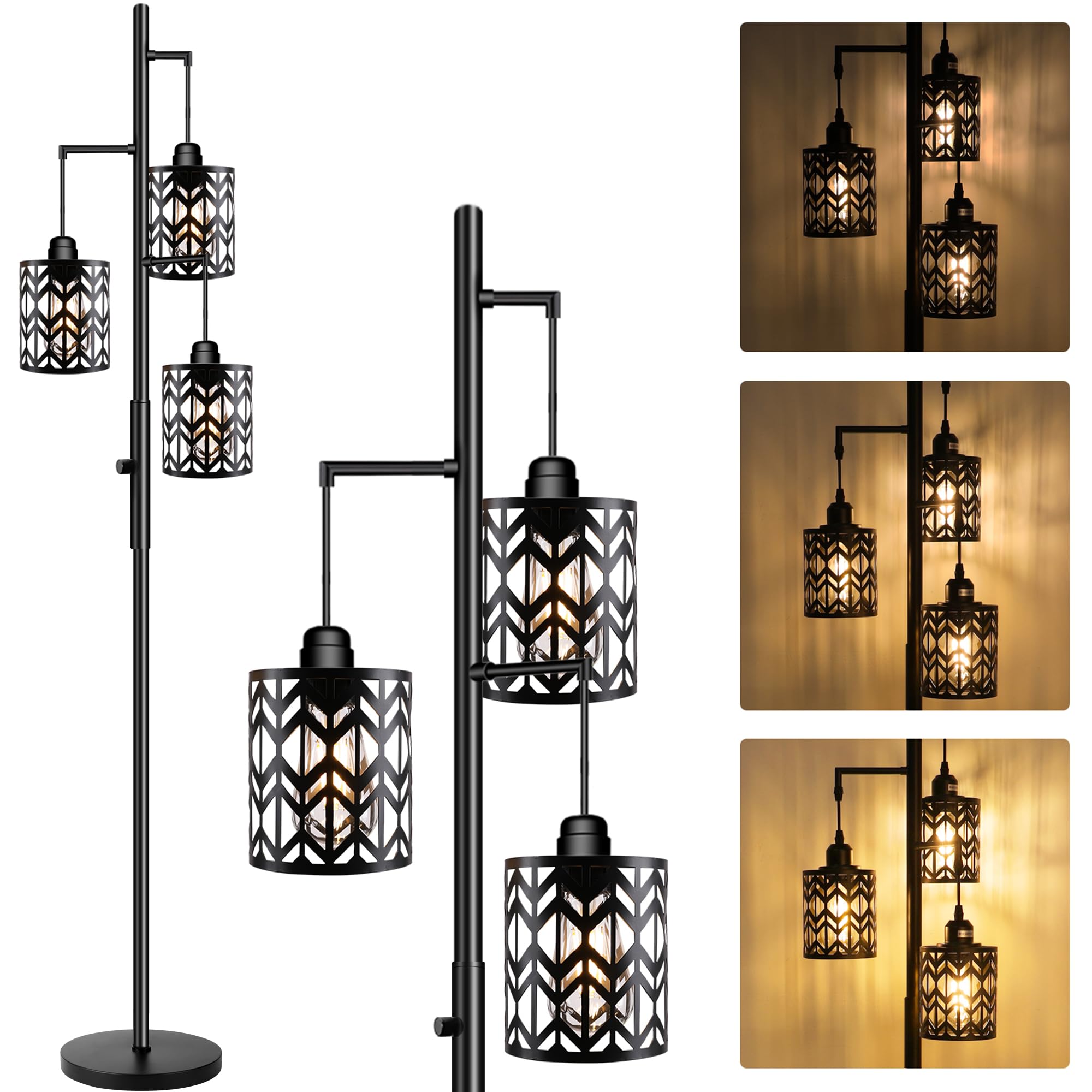 ROTTOGOON Dimmable Floor Lamp, Industrial Metal Design, 68in Tall, Black, Model RODLLDD24314 with 3 LED Bulbs