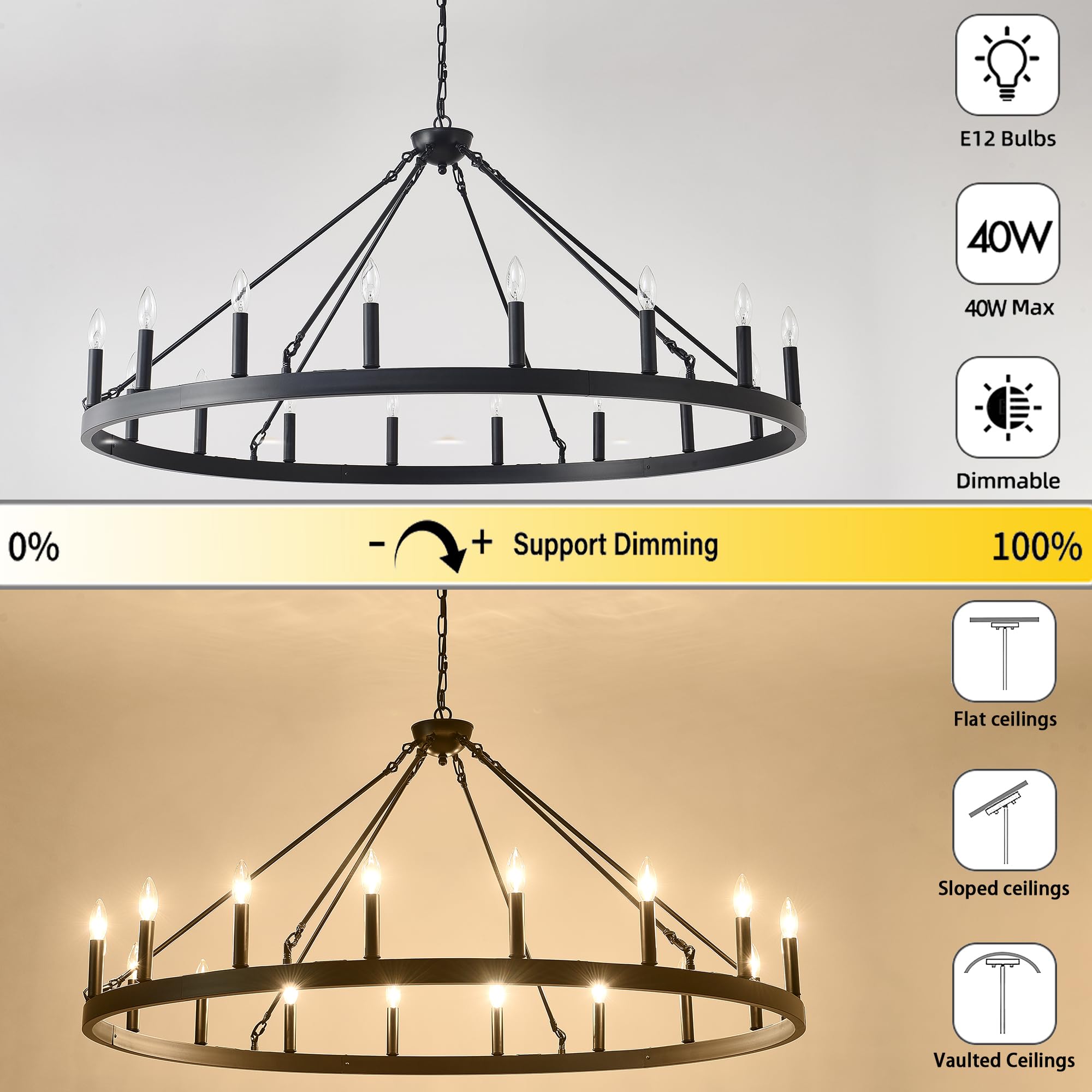 Zbmyrbzj 53&quot; Black Wagon Wheel Chandelier, 18-Light Industrial Ceiling Light For High Ceilings