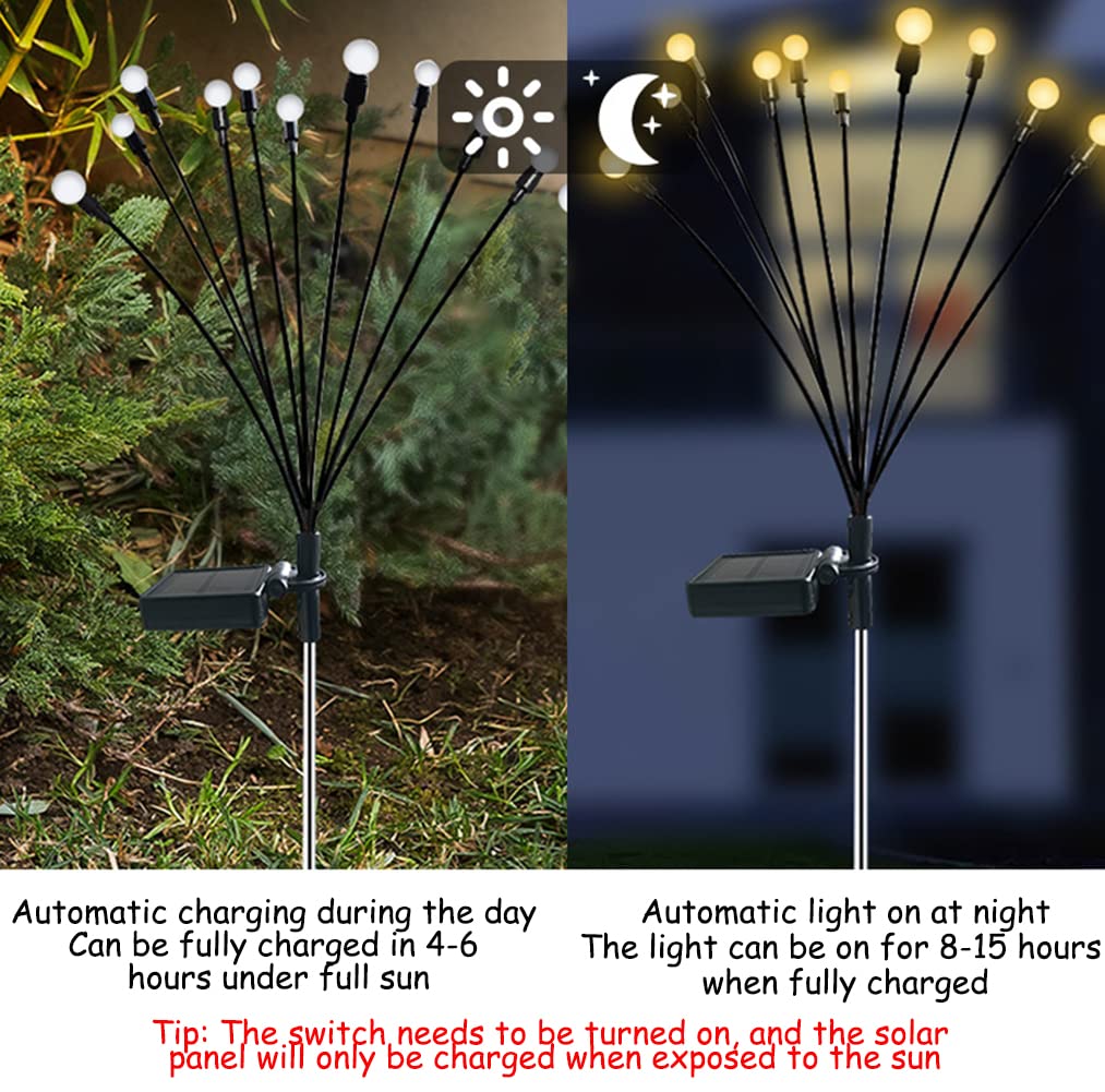 Jurasnow 2Pcs 10 Head Solar Powered Firefly Lights, 10 Led Outdoor Waterproof Solar Starburst Swaying Garden Lights, Swaying Whe