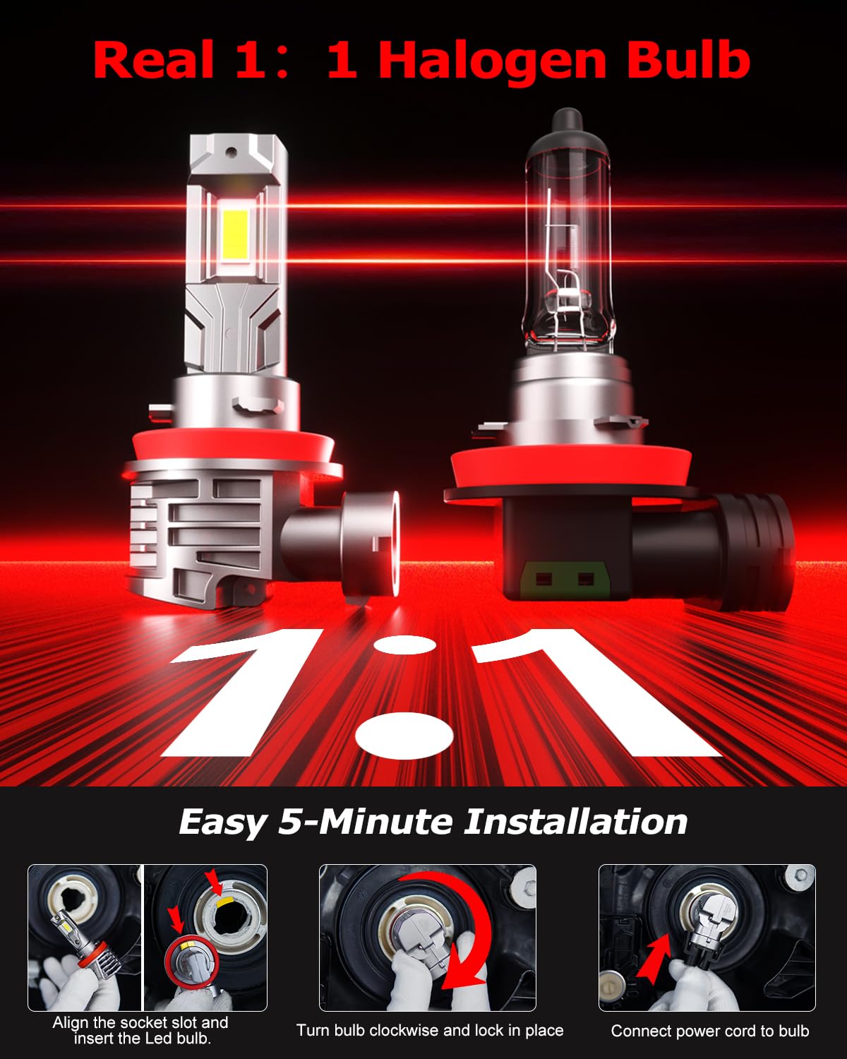 ZONBEAM H11 LED Bulbs, 40000lm Brightness, 6000K Cool White, Metal, Pack of 2, Upgrade Fog Lights