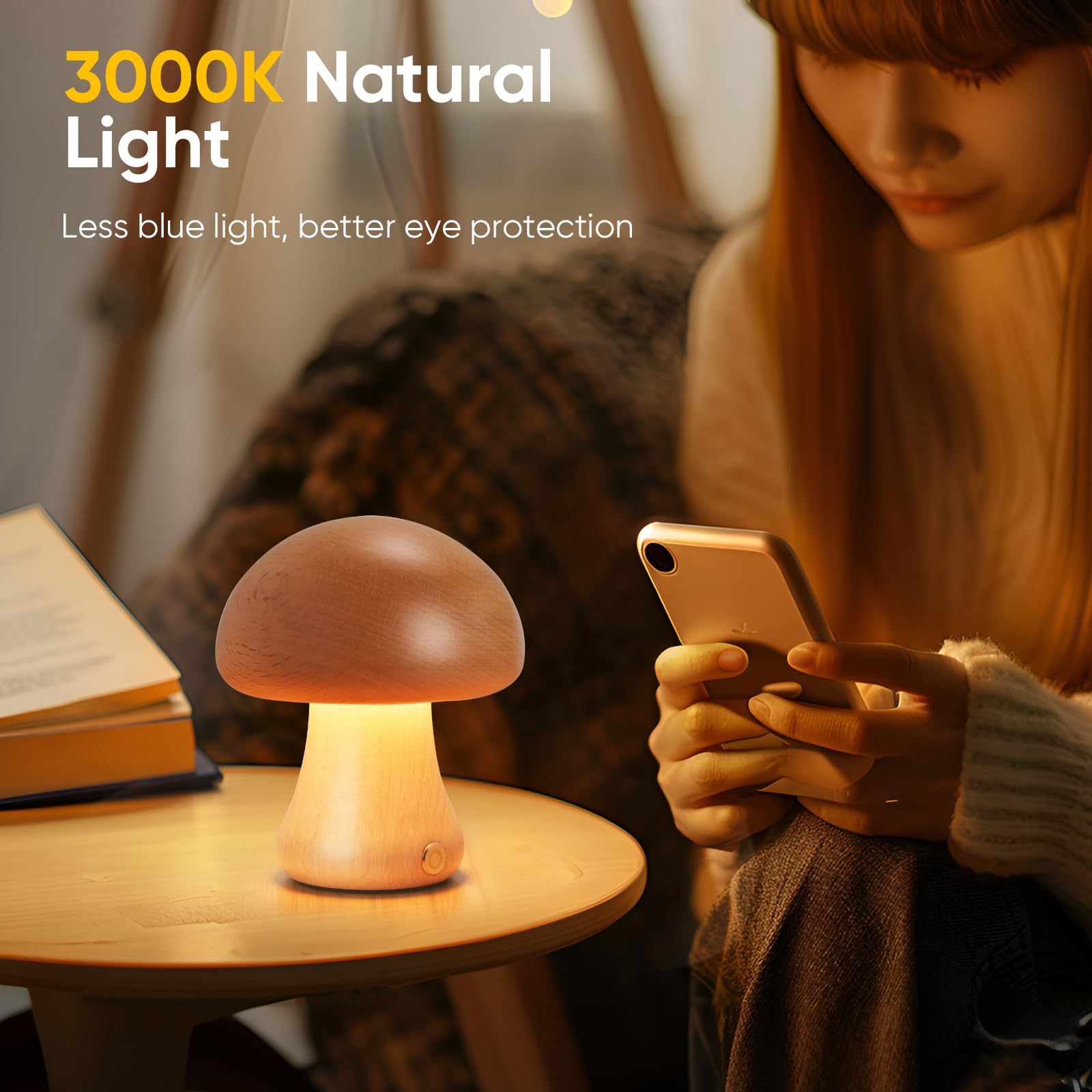 Lonrisway Creative Wood Mushroom Table Lamp, Portable Cordless Small Lamp, Rechargeable Battery Operated Lamp,Stepless Dimming,