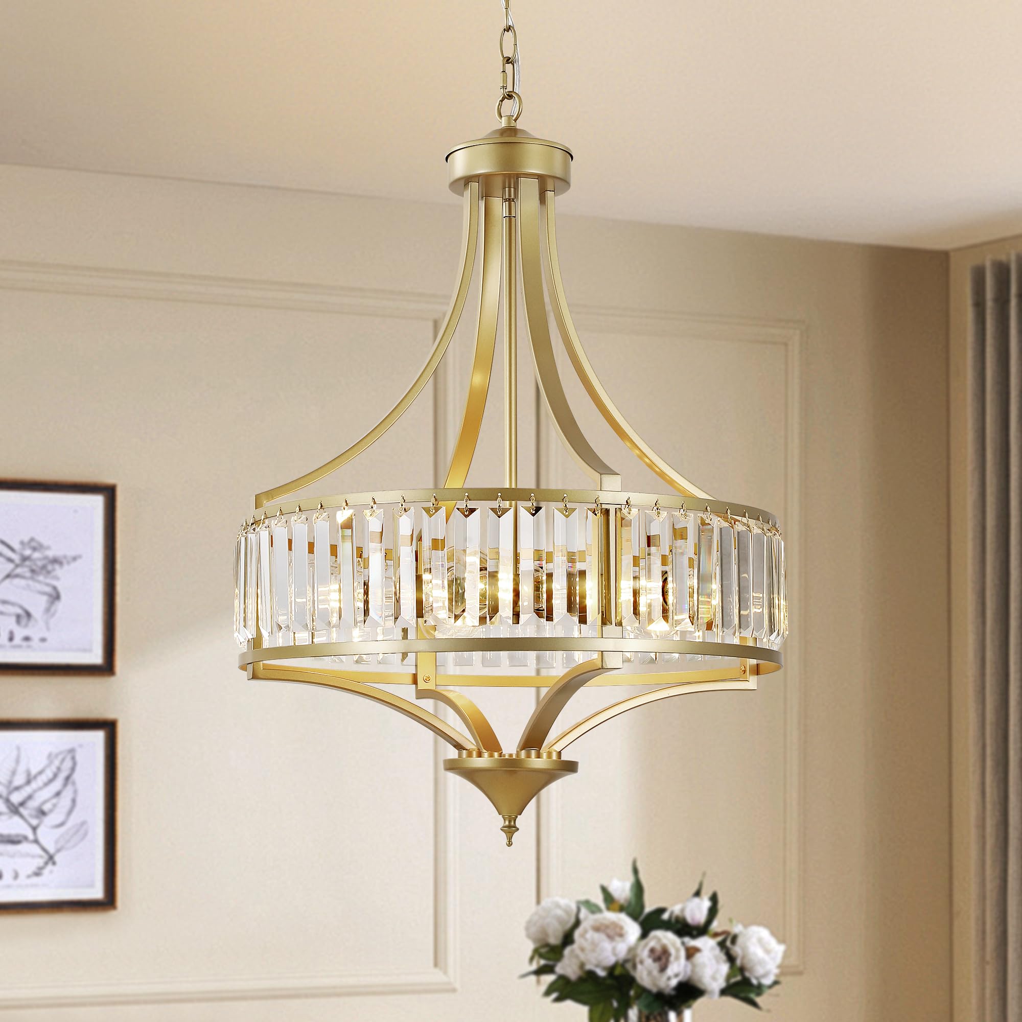 Cnratye 20'' Modern Crystal Chandelier, 5-Light Gold Dinning Room Light Fixtures Over Table, Hanging Round Pendant Chandelier Fo